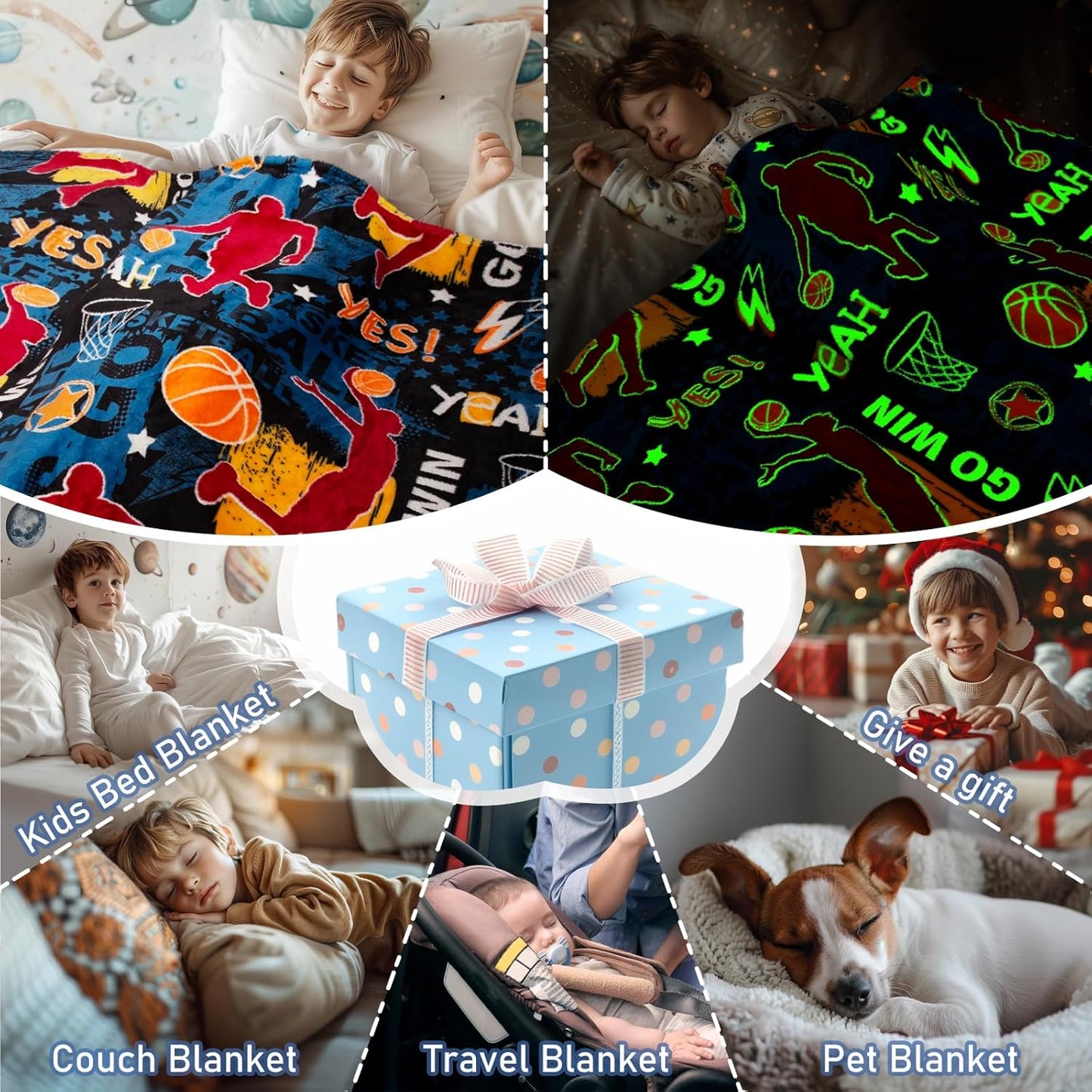Glow in The Dark Basketball Blankets, Sport Throw Blanket Gifts Toys for Kids Boys, Soft Glowing Bed Blanket Room Decor Present for Girls Teenagers 2 3 4 5 6 7 8 9 10 Years Old, 60"x50"