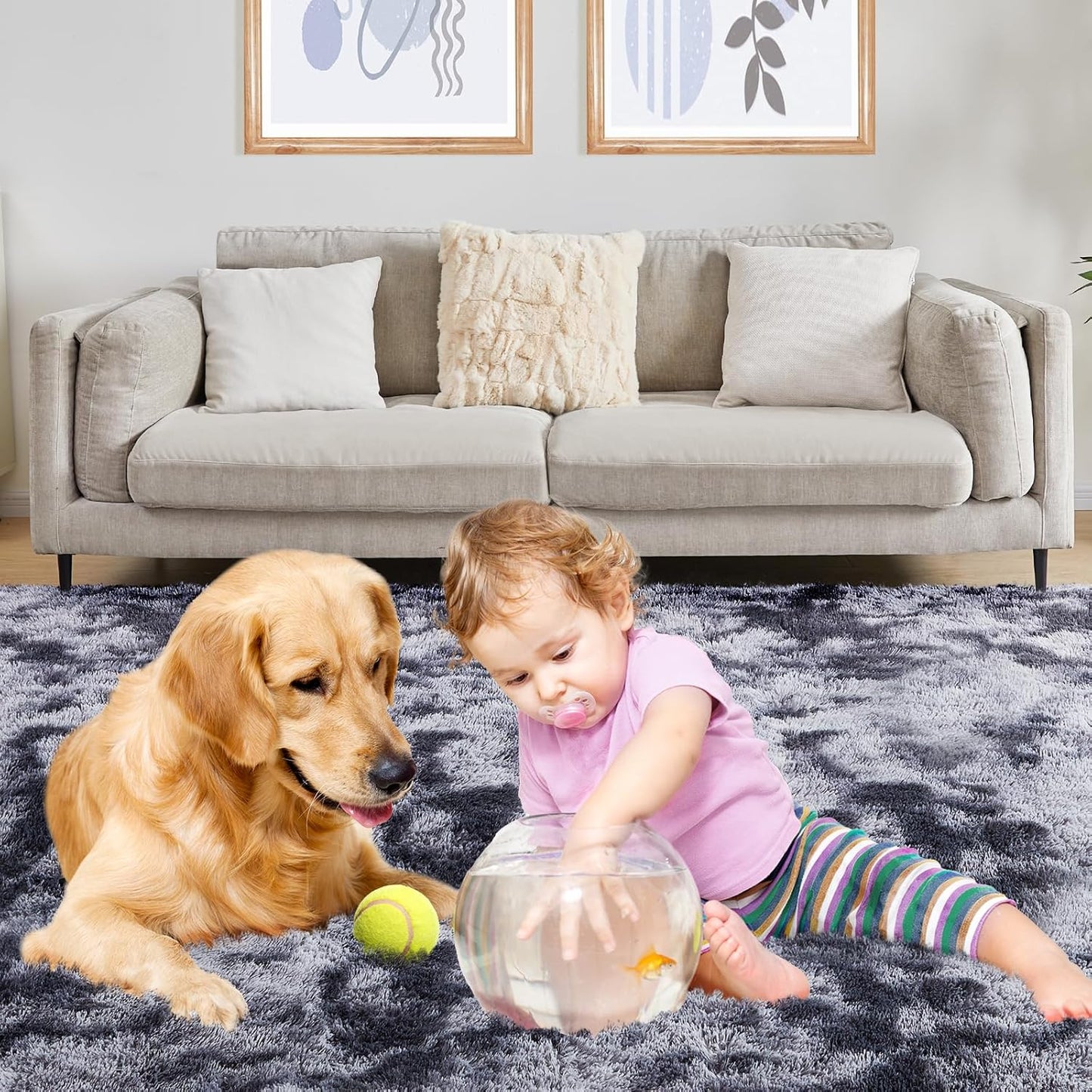 9x12 Fluffy Rugs for Living Room, Ultra Soft Plush Area Rug for Bedroom, Anti-Skid High Pile Indoor Carpet for Nursery, Kids Room, Playroom, Home Decoration, Tie-Dyed Dark Grey