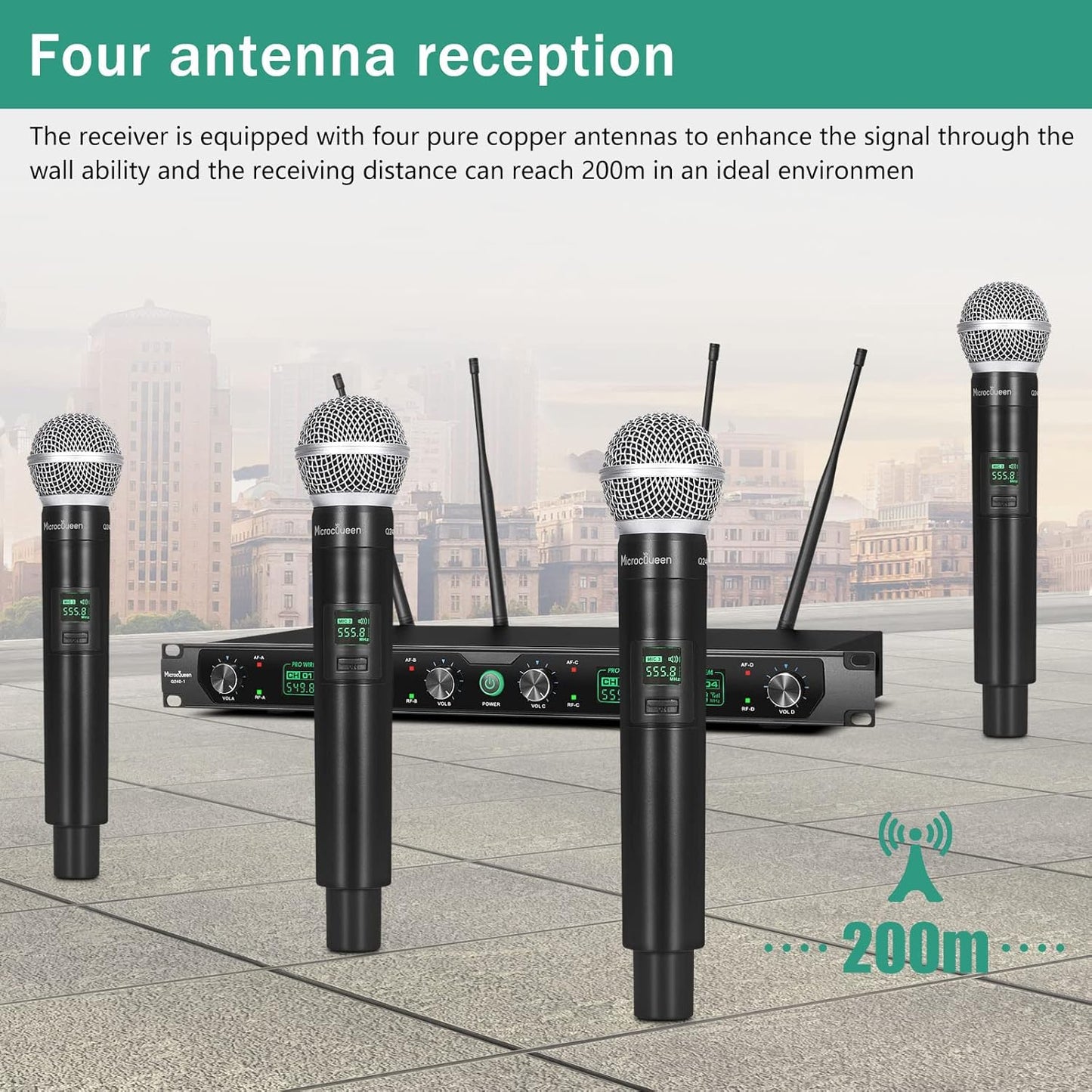 Wireless Microphone System, 4-Channel UHF Professional Mic, Automatically Pair Metal Cordless Mic with 4 Metal Handheld Microphones, 400ft Range, for Singing, Karaoke, Party
