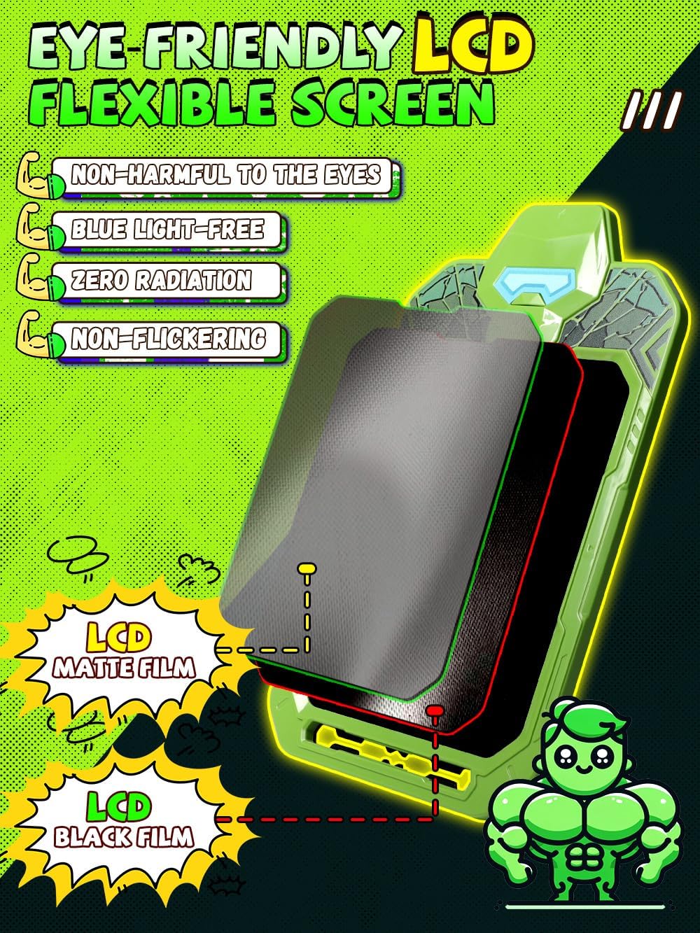 LCD Writing Tablet for Kids 10 Inch Green Giant Power Hero for Toddler 3 4 5 6 - Paint, Doodle Board, Drawing Pad - Travel Toys, Road Trip Car Activities, Birthday Christmas Gift Boys & Man