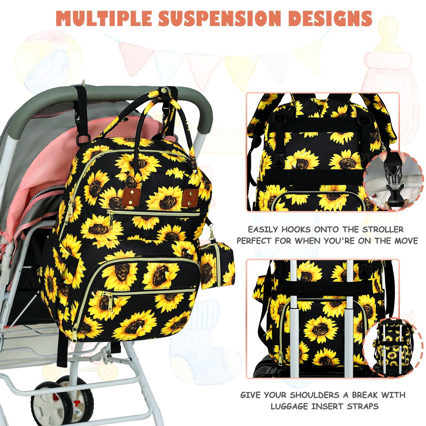 Baby Diaper Bag Backpack, Travel Diaper Bags for Baby Girl Boy Large Capacity Baby Bag Backpack for Women Sunflower