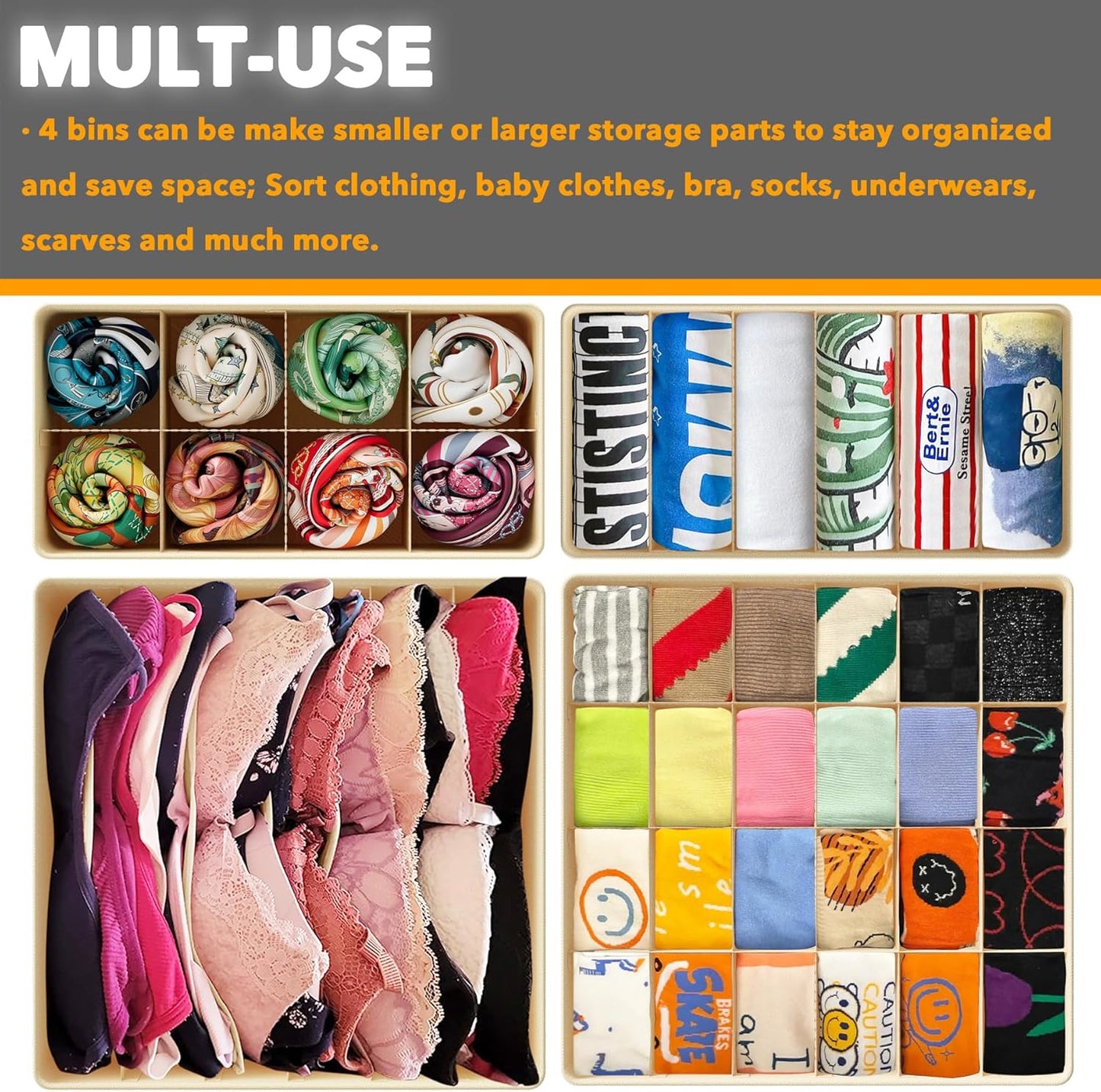 SpaceAid Underwear Drawer Organizer, 4 Pack Dresser Organizer Bins for Nursery, Closet Organization and Storage with Dividers for Baby Clothes Socks Bra Ties Scarf (Beige)