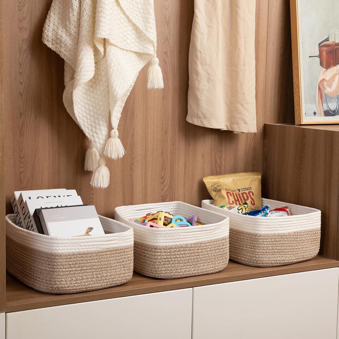 Storage Baskets for Organizing 3 Pack, Woven Baskets for Shelves, Closet Organizer Bins Empty Gift Basket Toy Storage for Toys, Books, Towels, Clothes, 15"x11.42"x6.7", Yellow