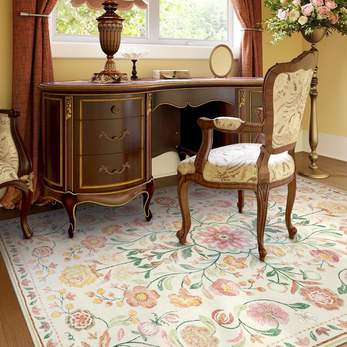 Anidaroel Boho Rugs for Bedroom, Washable Area Rugs 5X7 Soft Rug for Living Room, Non Slip Distressed Beige Floral Rug, Stain Resistant Indoor Carpet for Bedside Apartment Foyer