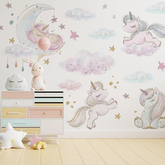 Unicorn Wall Decals by Lipastick - Vibrant Glitter Moon, Stars, Cloud Stickers for Girls Bedroom, Baby Nursery, Kids Room, Birthday Party Decor Art- Peel and Stick Gift Idea- XXL Size
