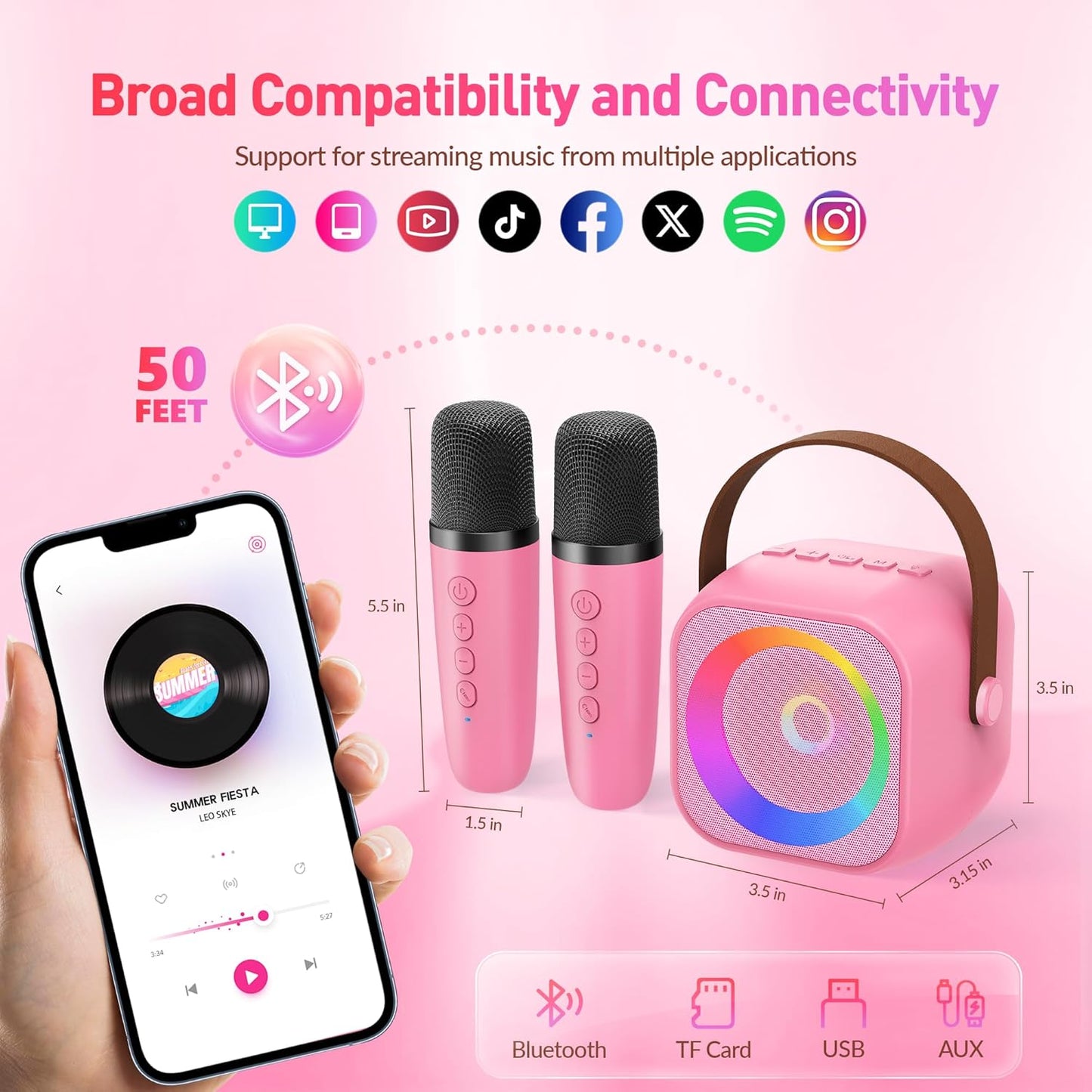Mini Karaoke Machine with 2 Wireless Microphones for Kids Adults,Portable Bluetooth Karaoke Speaker with Party Lights,Christmas Birthday Gifts for Girls Ages 4, 5, 6,7, 8, 9, 10,12+ Family Home Party