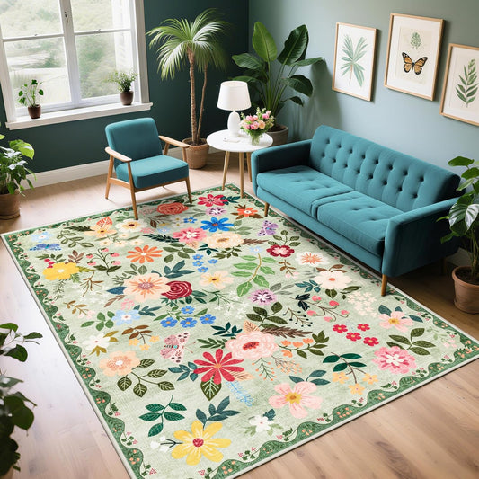 Area Rug Living Room Rugs: Floral 5x7 Washable Rug Vintage Soft Boho Non-Slip Carpet Indoor Stain Resistant Large Carpets for Bedroom Dining Room Farmhouse Nursery Hallway Home Office Green