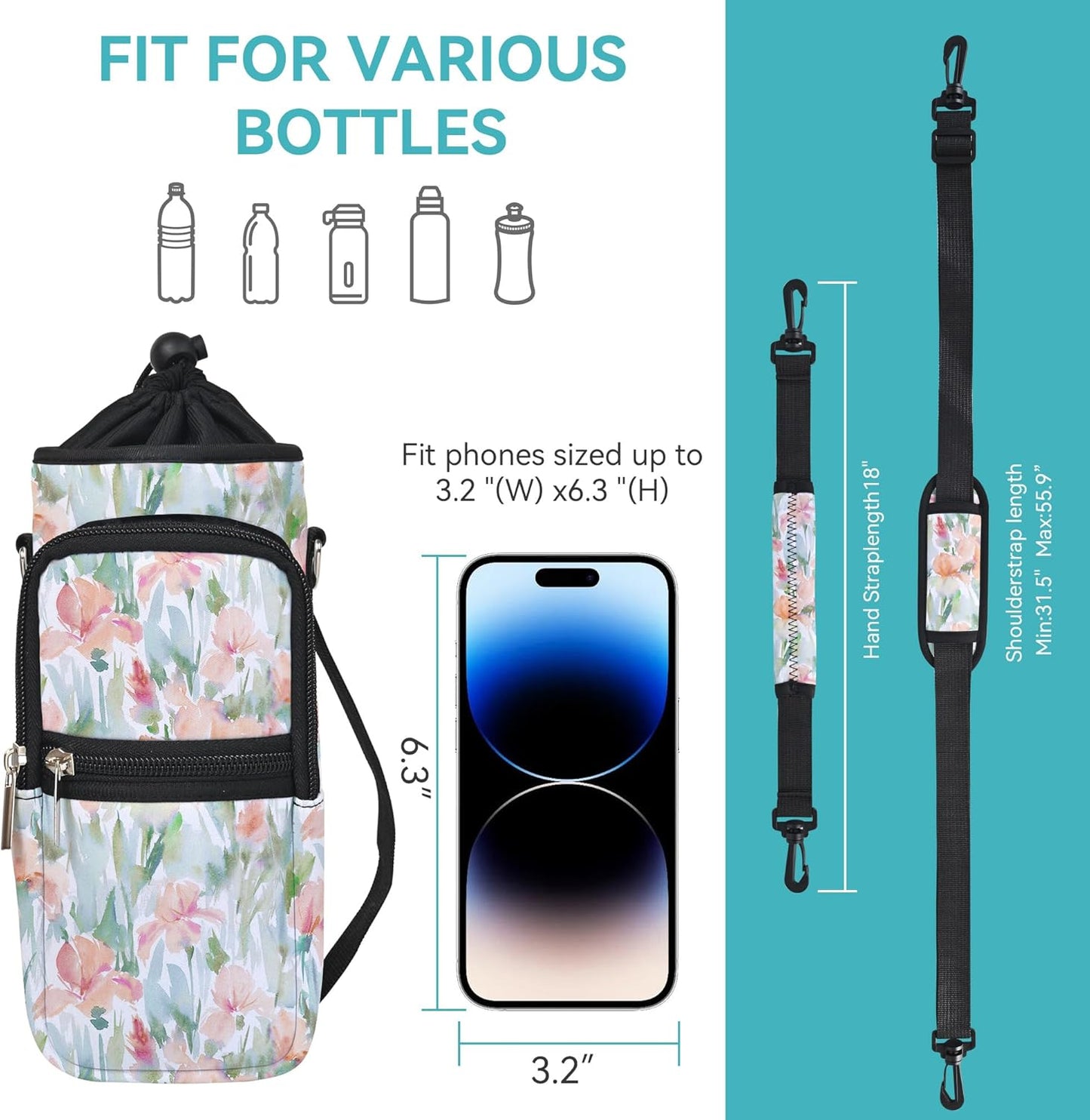 25/32/40/64oz Water Bottle Bag Holder Carrier-Insulated Crossbody Sling Case Sleeve with Strap & Pockets for Men Women Gym Cycling Travel Walking Hiking Camping