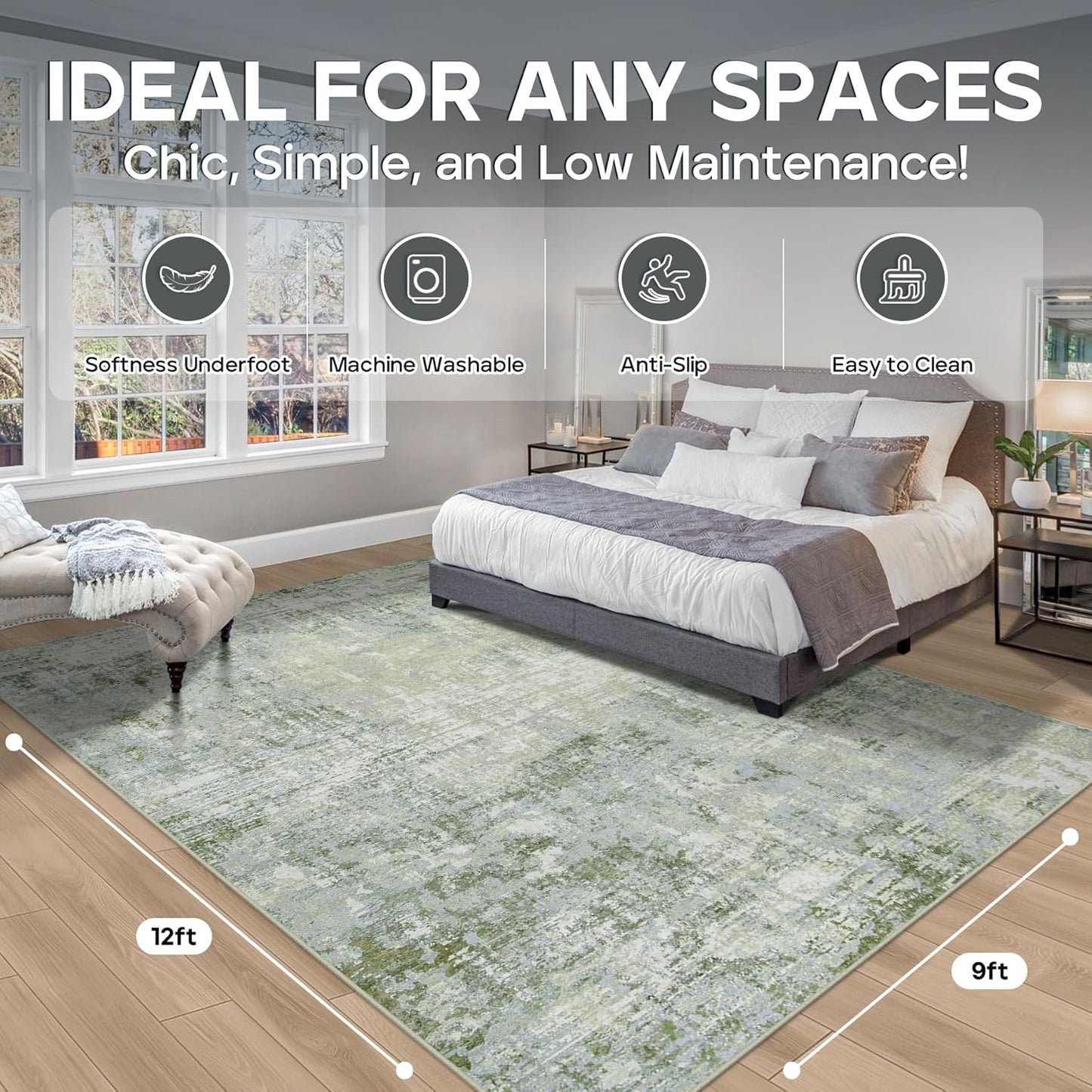 9x12 Area Rugs for Living Room Rug Washable: Modern Large Rug for Dining Room Bedroom Carpet Non Slip 9 by 12 Indoor Abstract Nursery Home Office Green