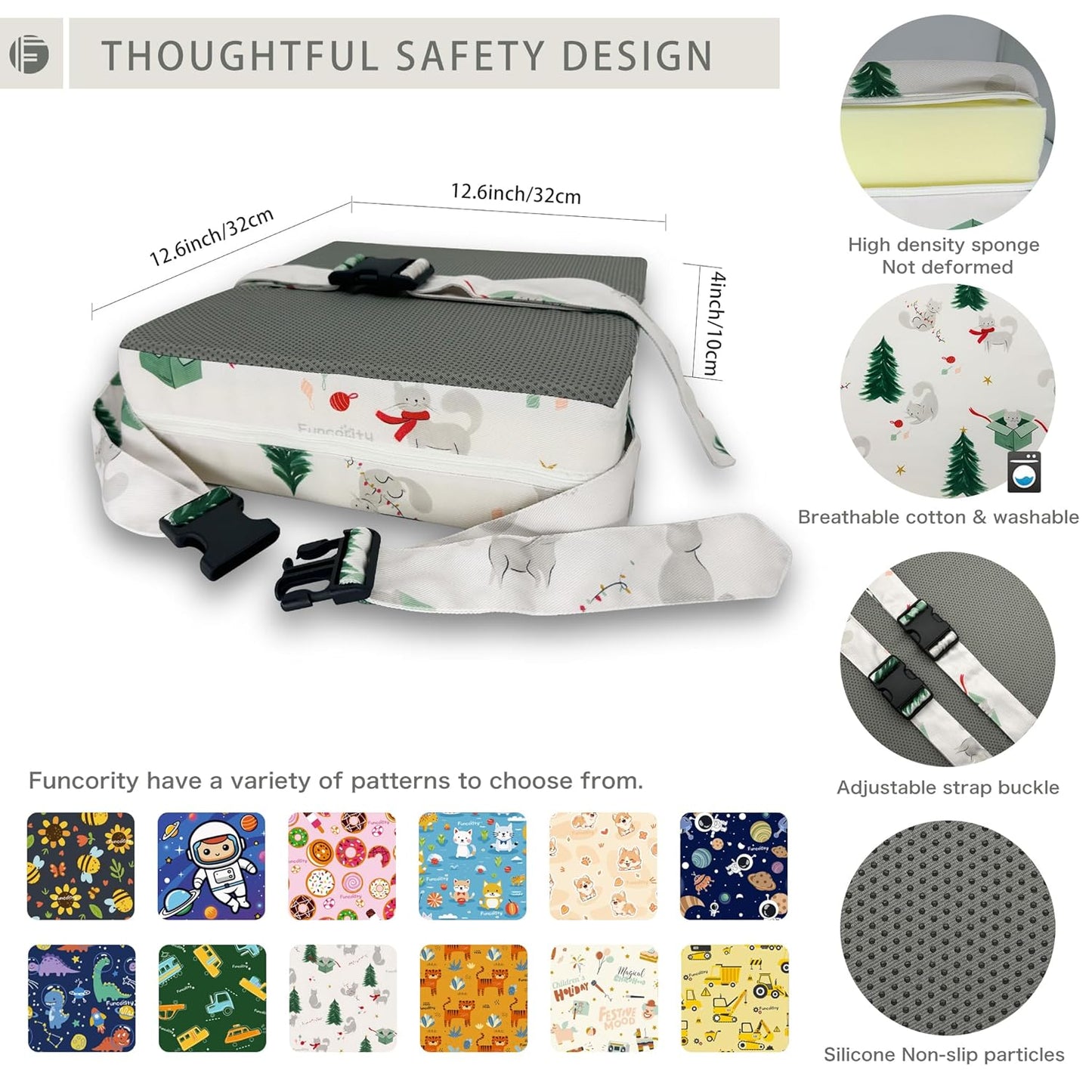 Toddler Booster Seat for Dining Table, Portable Booster Seat for Kitchen Chair, 4 Inch High-Density Foam Cushion with Adjustable Safety Straps and Non-Slip Bottom, Perfect for Kids Travel and Daily