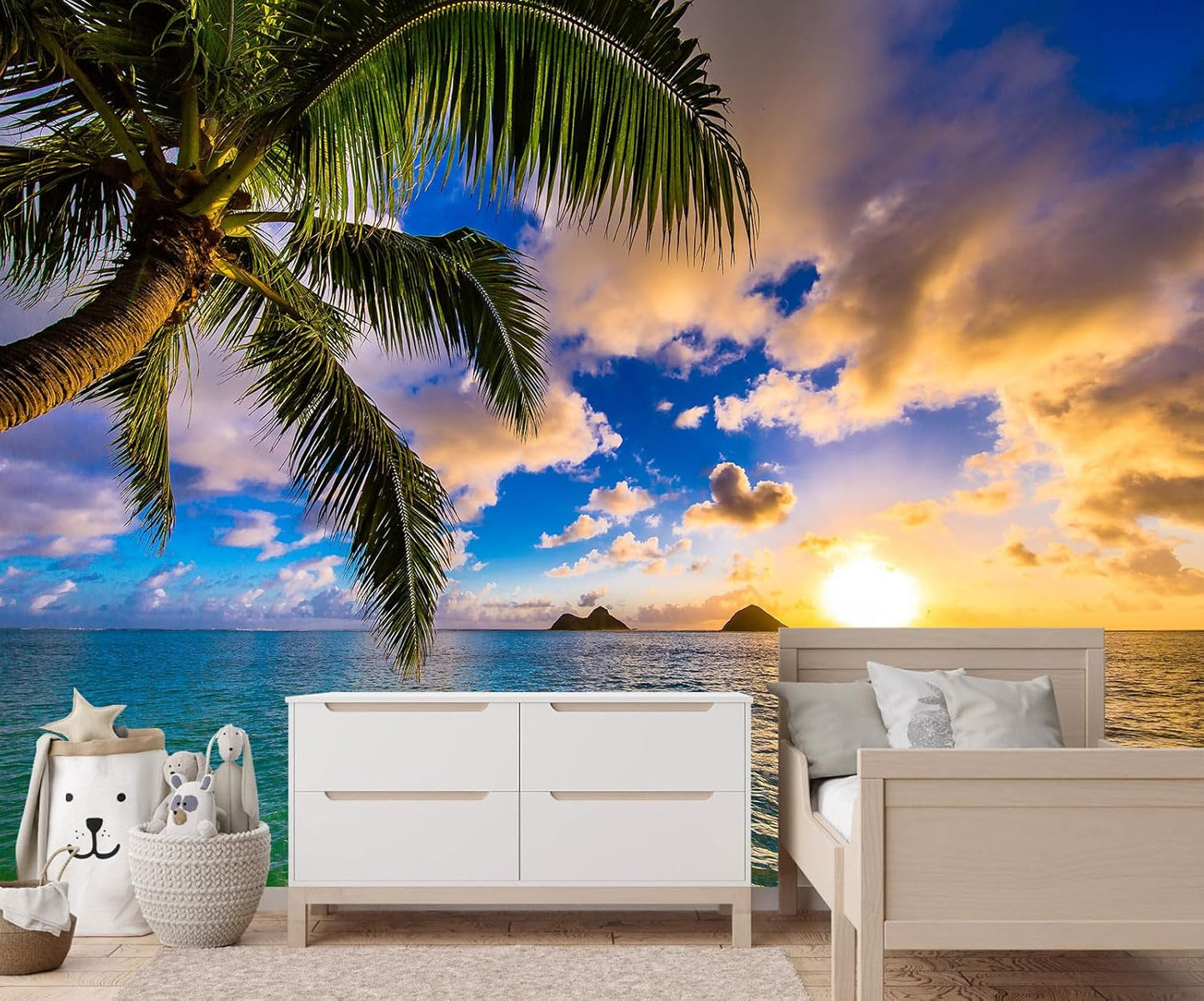 Sunset Seascape Wallpaper Palm Tree Beach Wall Mural for Living Room Bedroom Dining Room Basement(Not Self-Adhesive)