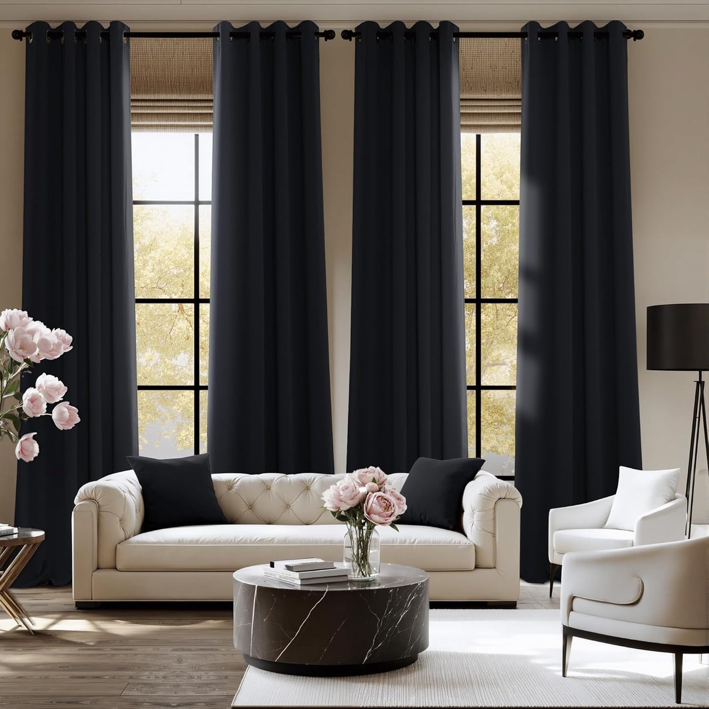 NICETOWN 100% Black Out Curtains 84 Inches Long 2 Panels for Living Room, Bedroom, Office Thermal Insulated Blackout Drapes Solid Grommet Noise Reducing Window Curtains, W40
