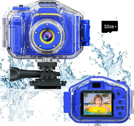 Agoigo Kids Waterproof Camera - Children Underwater HD Video Digital Camcorder, Portable Travel Toy for Toddler - Ideal Christmas Birthday Gifts for Boys Girls Age 3-12 with 32GB Card (Dark Blue)