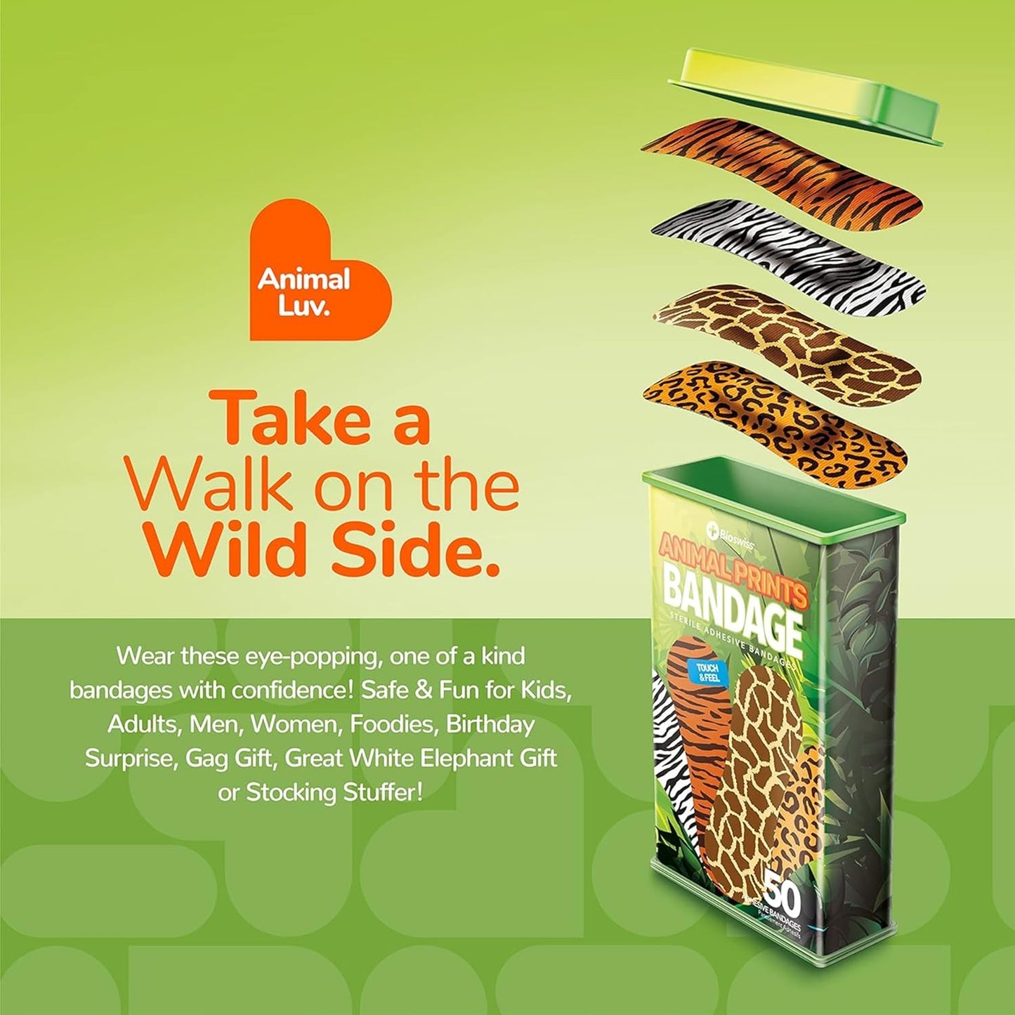 BioSwiss Bandages, Animal Print Shaped Self Adhesive Bandage, Latex Free Sterile Wound Care, 50 Count