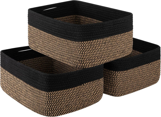 Storage Baskets for Organizing 3 Pack, Woven Baskets for Shelves, Closet Organizer Bins Empty Gift Basket Toy Storage for Toys, Books, Towels, Clothes, 15"x11.42"x6.7", Black & Yellow