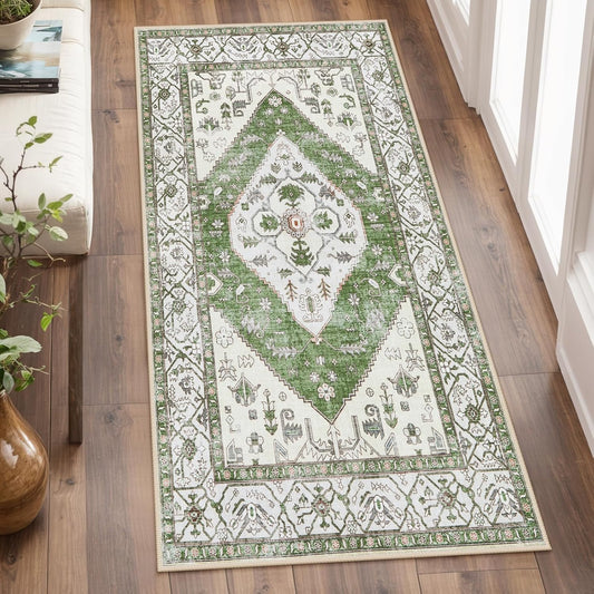 Lahome Boho Washable Hallway Runner Rug - 2x4 Rugs for Bedroom Non-Slip for Entrance (Green, 2'x4')