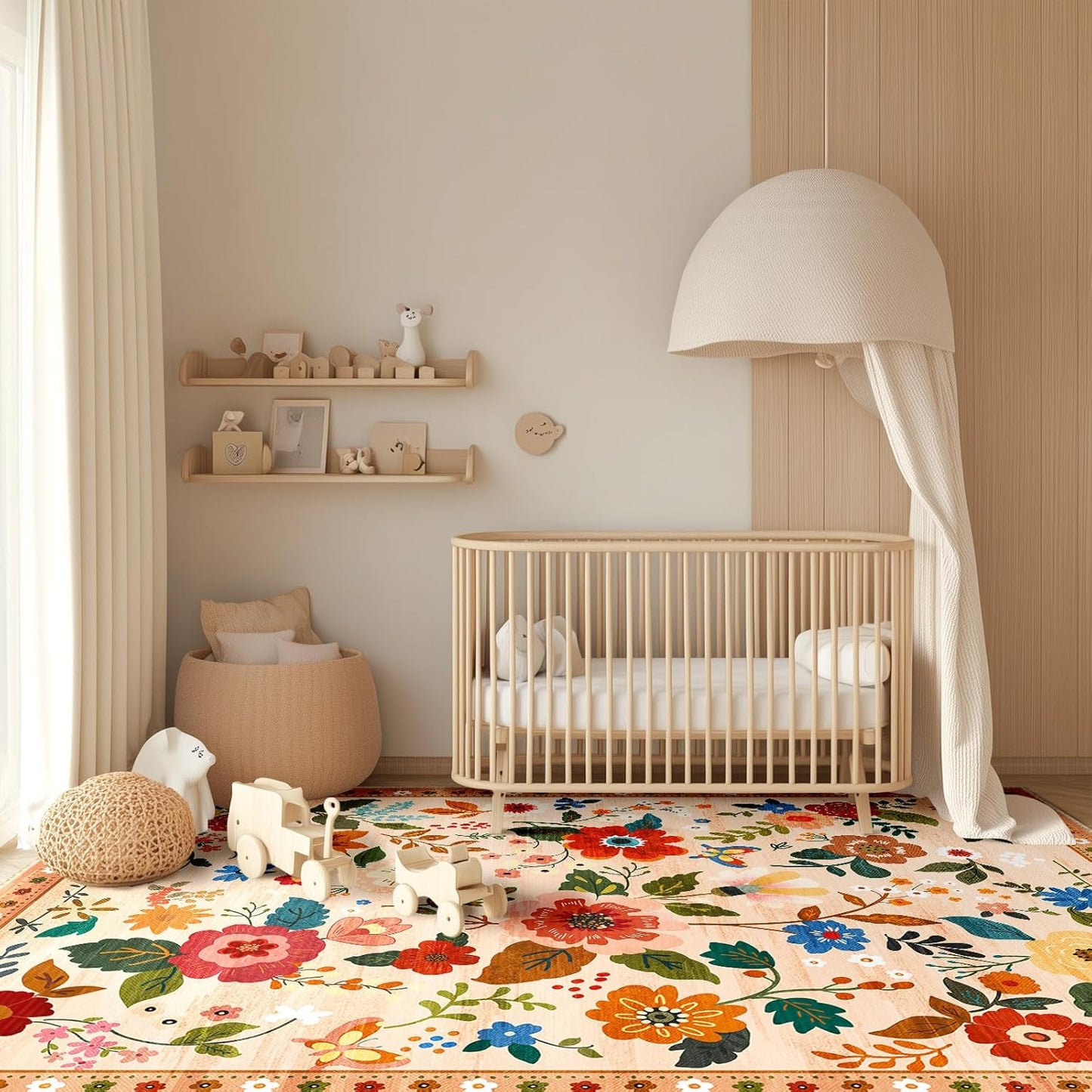 Floral 8x10 Area Rug Machine Washable Soft Print Boho Carpet Non Slip Doormat Low Pile Flower Area Rugs for Living Room Bedroom Nursery Kitchen Dining Room Indoor-Light Orange