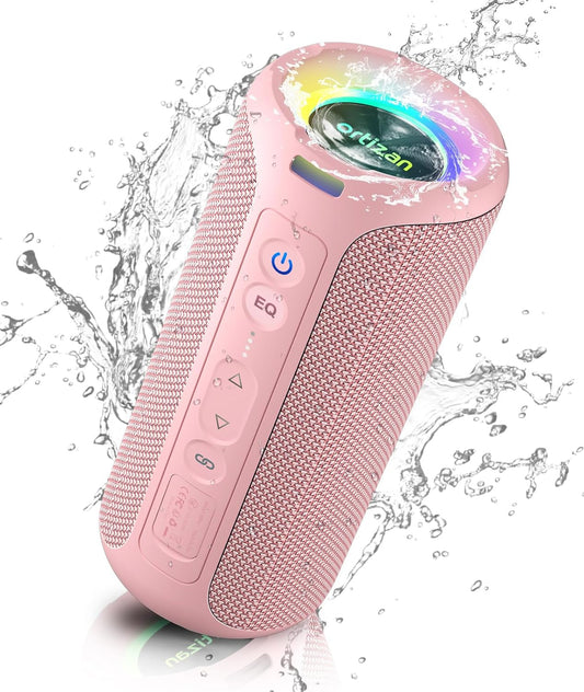 Ortizan Bluetooth Speakers, Portable Wireless Stereo Speaker - IPX7 Waterproof, 30W RMS(40W Peak) Loud Sound, Deep Bass, LED Light, Bluetooth 5.3, for Home/Shower/Outdoor/Beach, Gifts for Adult, Pink