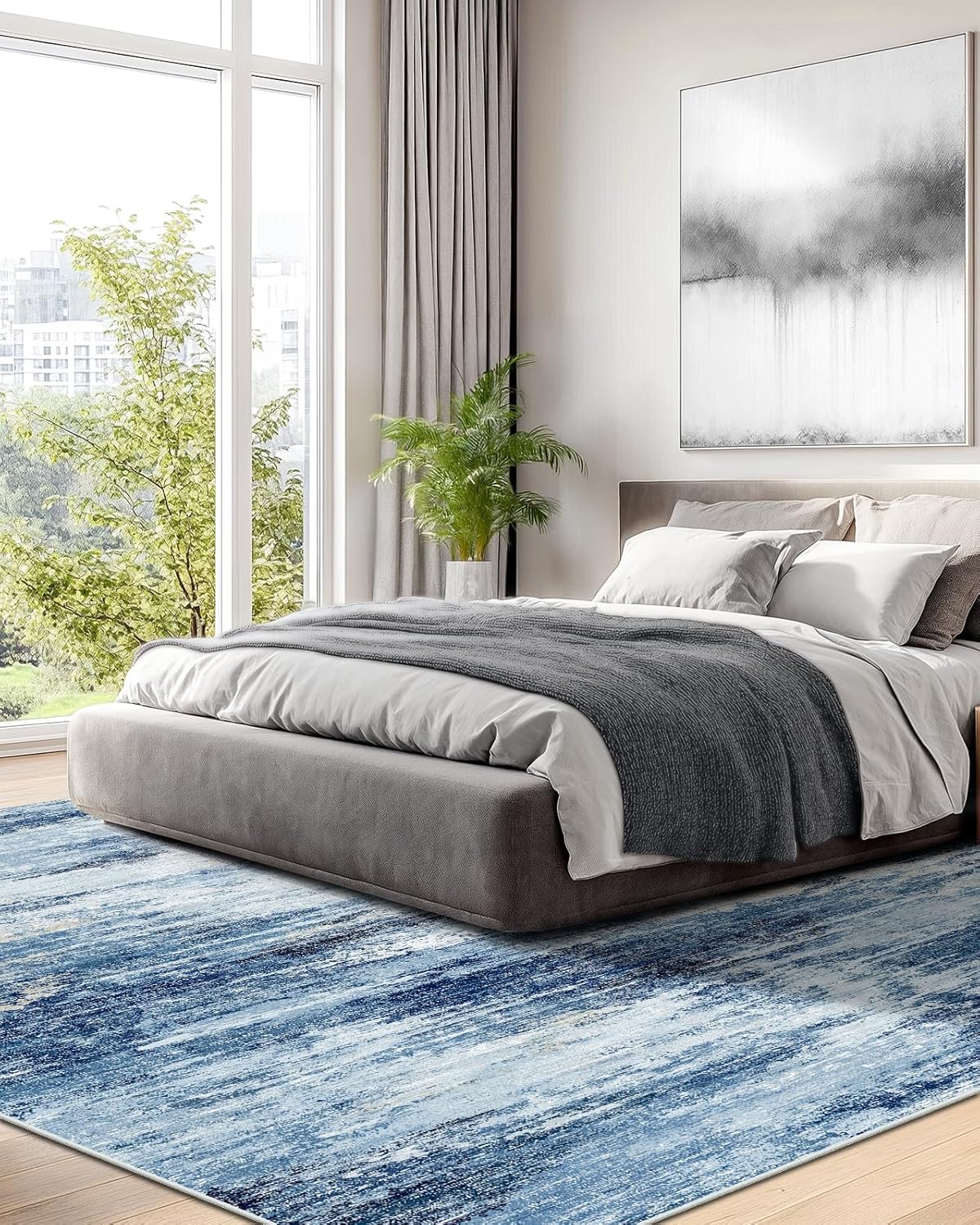 Amada 9x12 Large Area Rug, Modern Abstract Living Room Rug with Non-Slip Backing & Short Pile, Washable Rug with Abstract Pattern for Living Room, Bedroom and Dinning Room, Blue