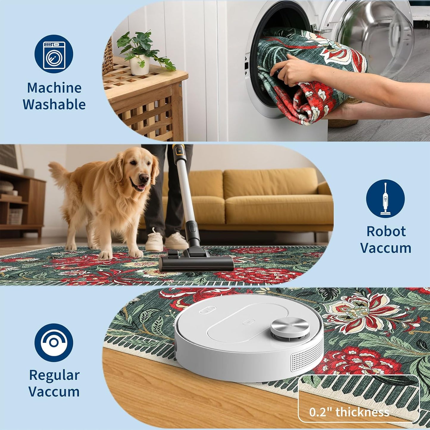 GarveeHome Floral Botanical Washable 8x10 Area Rug for Living Room Soft Grey Green Vintage Boho Cottage Large Rugs Low Pile Carpet for Bedroom Dining Nursery Rug