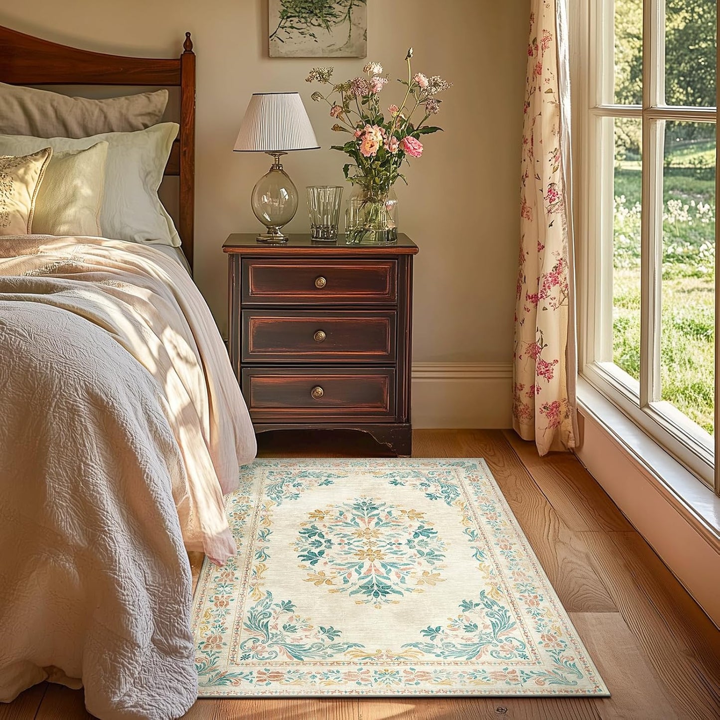 jinchan Vintage Floral 3x5 Area Rugs for Entryway - Machine Washable Distressed Design Ultra-Thin Low-Pile Soft Non-Shedding Carpet for Kitchen Bedroom Laundry Living Room (3x5ft,Apricot Multi)