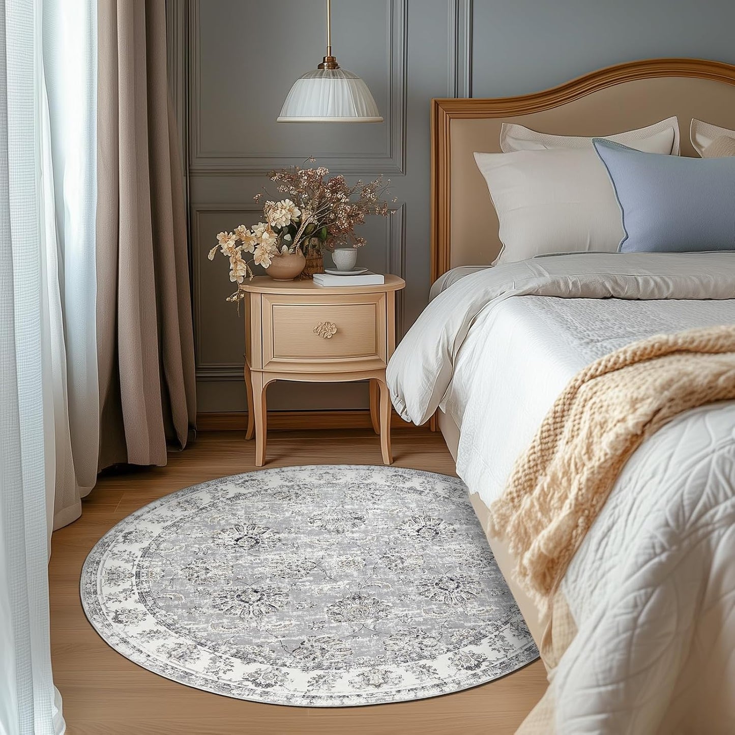 jinchan Round Rug 4ft Area Rugs Vintage Floral Distressed Design - Machine Washable Non-Slip Low-Pile Ultra-Thin Circle Rug for Entryway Bedside Living Room Dining Room Bedroom (4' Round,Grey)