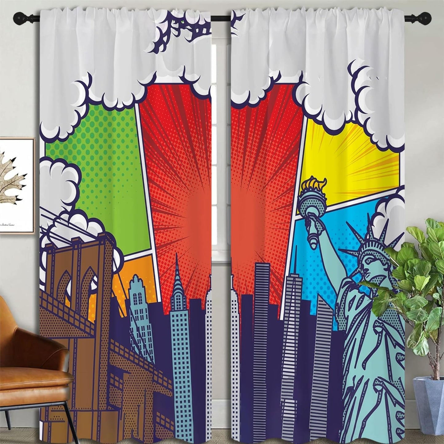 City Rod Pocket Blackout Curtains for Boy Girl Bedroom, Pop Art Style New York Cityscape Home Energy Efficient Light Filtering Window Curtain for Living Room, 84x63 inch