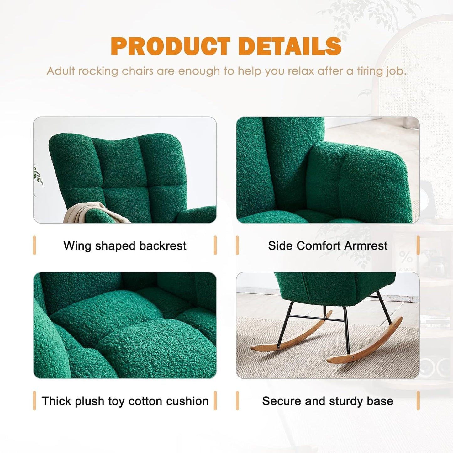 Kiztir Rocking Chair Nursery, High Backrest Teddy Glider Rocker Upholstered Rocker Recliner Modern Rocking Accent Chairs for Bedroom, Living Room, Offices (Green)