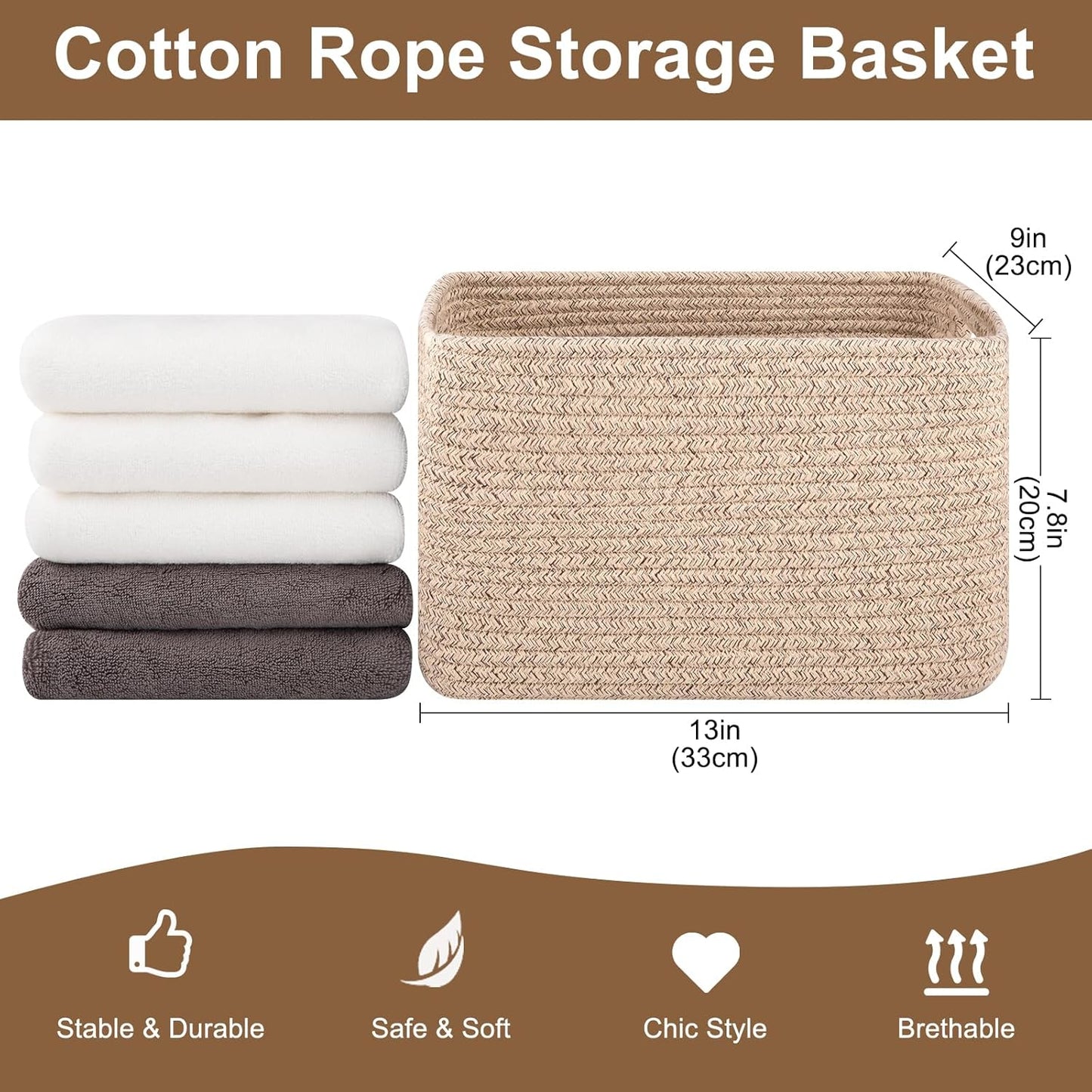 Storage Baskets for Organizing, Woven Decorative Baskets for Shelves - Books, Towels, and Clothes, Cotton Rope Toy Storage Bins, 12.7''Lx9''Wx7.8''H, Pack of 4, Brown