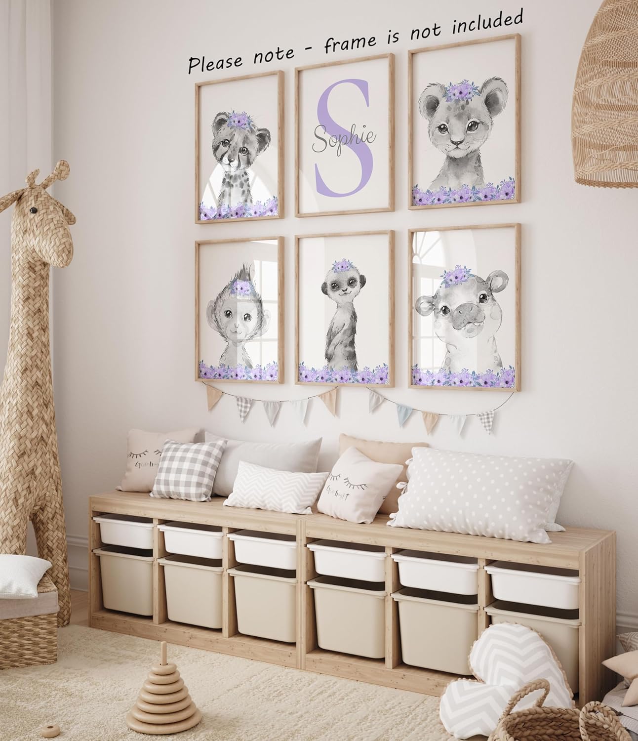 Personalized Safari Animals for Baby Girls Nursery Bedroom Unframed Set of 6 Poster Prints, Personalized Name Pink Purple Flowers Wall Art Decor New Baby Gift Present, Elephant Giraffe Panda Zebra Lion (11x14)