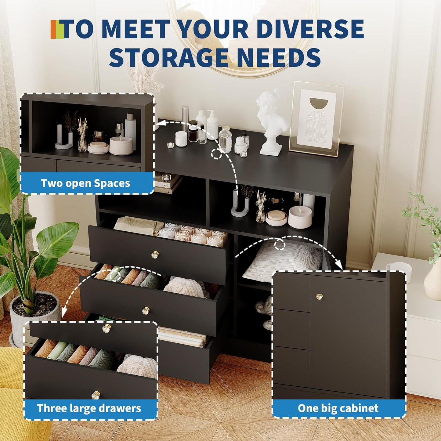 Nursery Dresser with Changing Table Top - Tall Wooden Diaper Changing Station with 2 Open Shelves, 3 Drawers, and 1 Cabinet, Ideal for Children's Room, Black