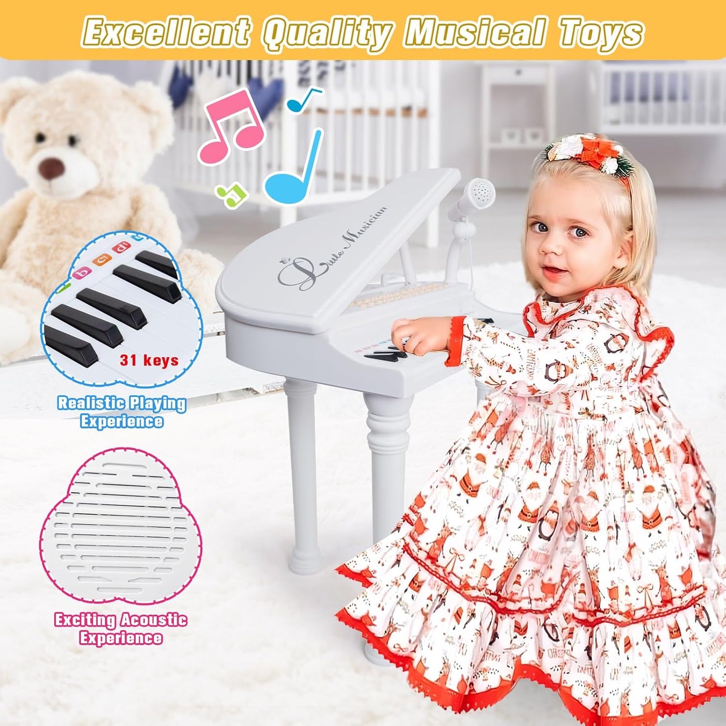Love&Mini Piano Toy Keyboard 31 Keys for Age 3+ Year Old Girls Boys Birthday Gifts, Kids Keyboard Toy Instruments Piano with Microphone and Stool