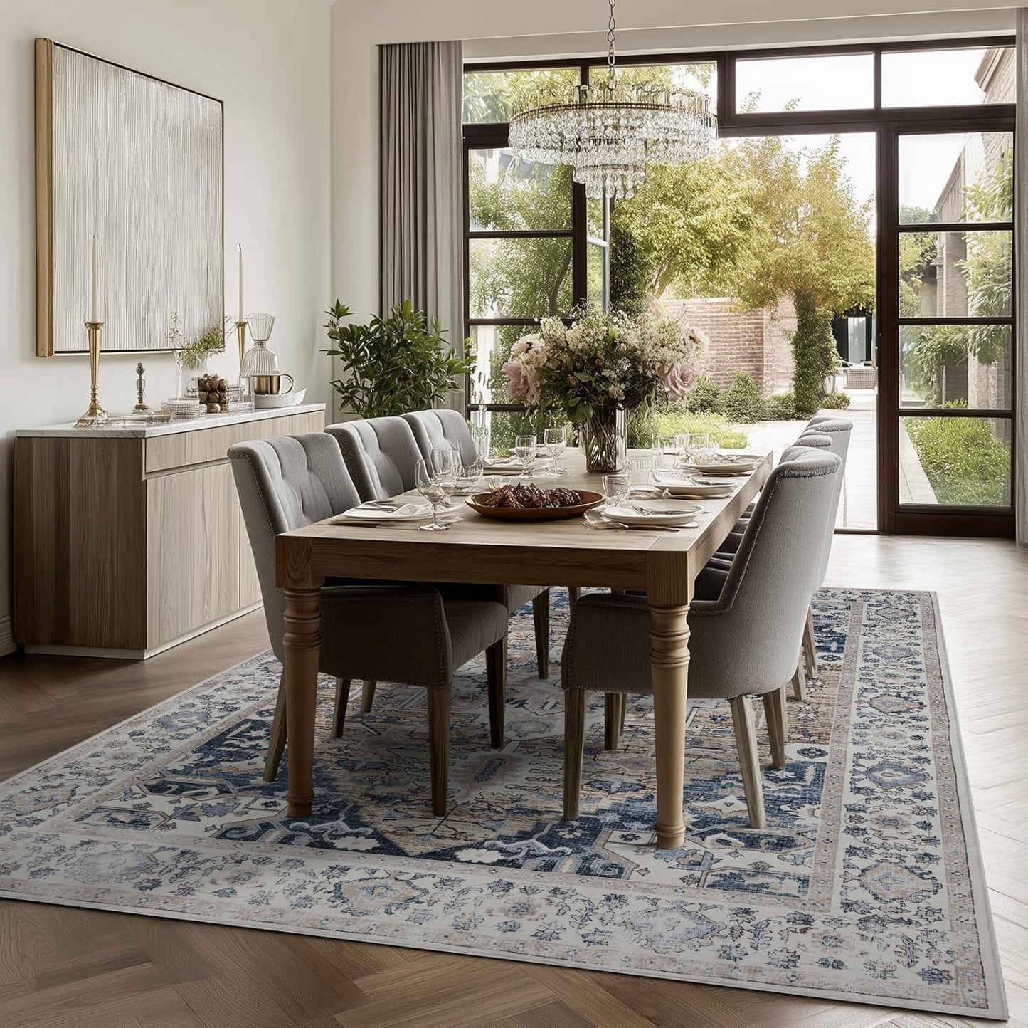 9x12 Area Rug Living Room Rugs, Stain Resistant Washable Rug, Vintage Large Non-Slip Backing, Low Pile Lightweight Print Rug for Bedroom Dinning Room Home Office (Taupe/Blue)