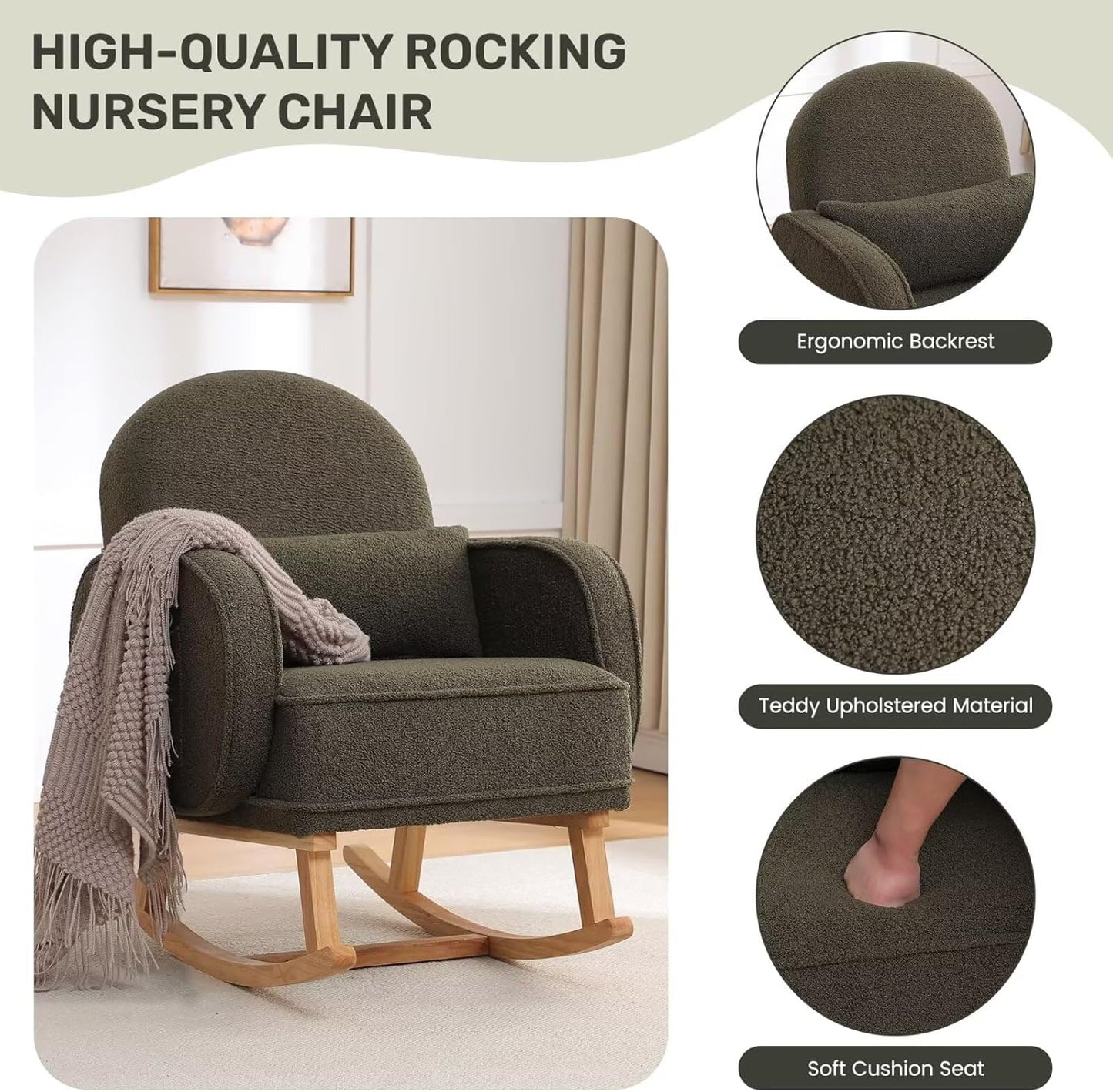 Rocking Chair with Ottoman, Upholstered Nursery Glider Rocker with High Backrest and Side Pocket, Teddy Rocking Accent Armchair with Solid Wood Legs for Nursery, Living Room, Bedroom Green