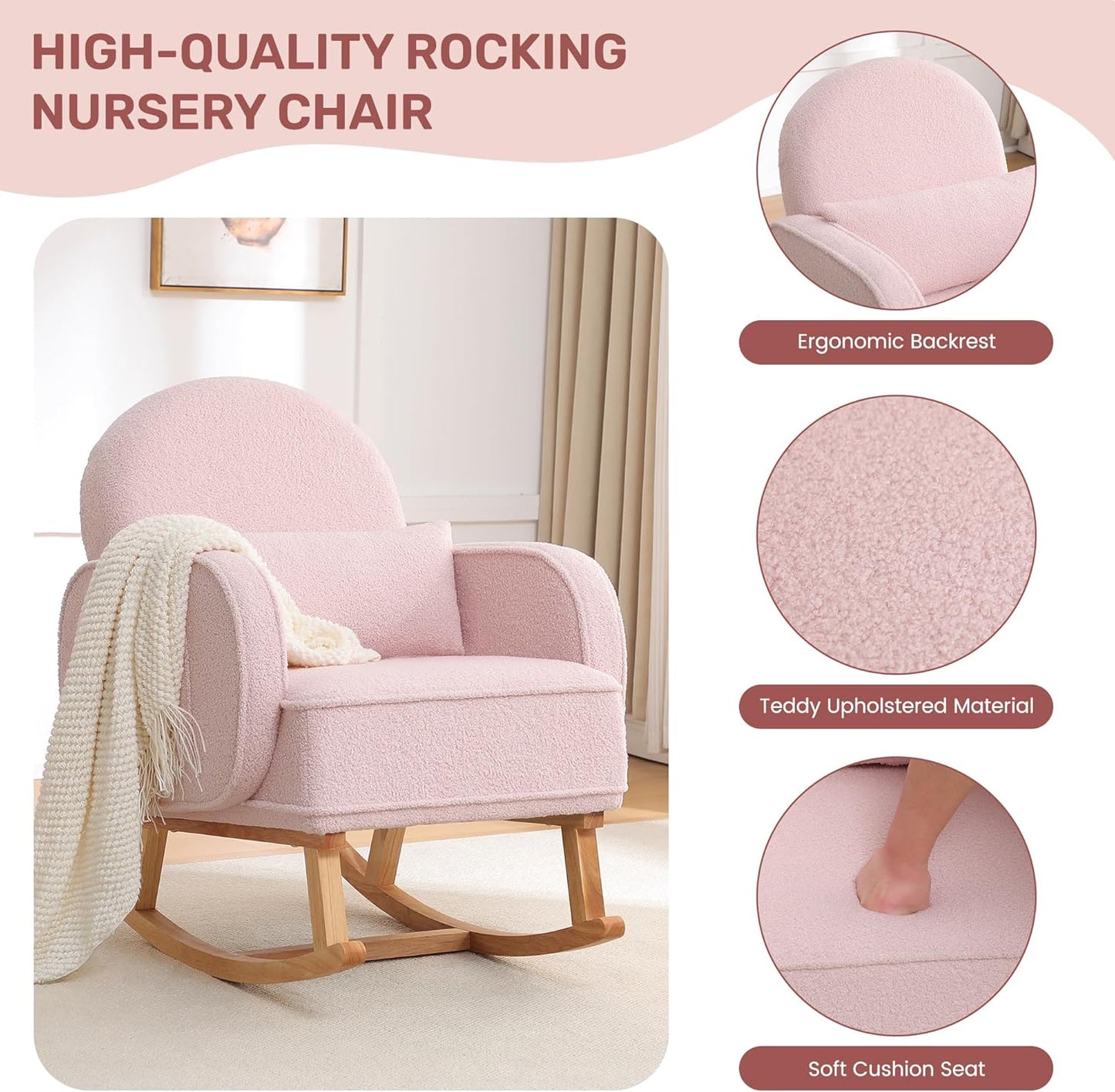 Rocking Chair Nursery with Ottoman, Upholstered Glider Rocker with High Backrest and Side Pocket, Rocking Accent Armchair with Solid Wood Legs for Nursery/Living Room/Bedroom Pink