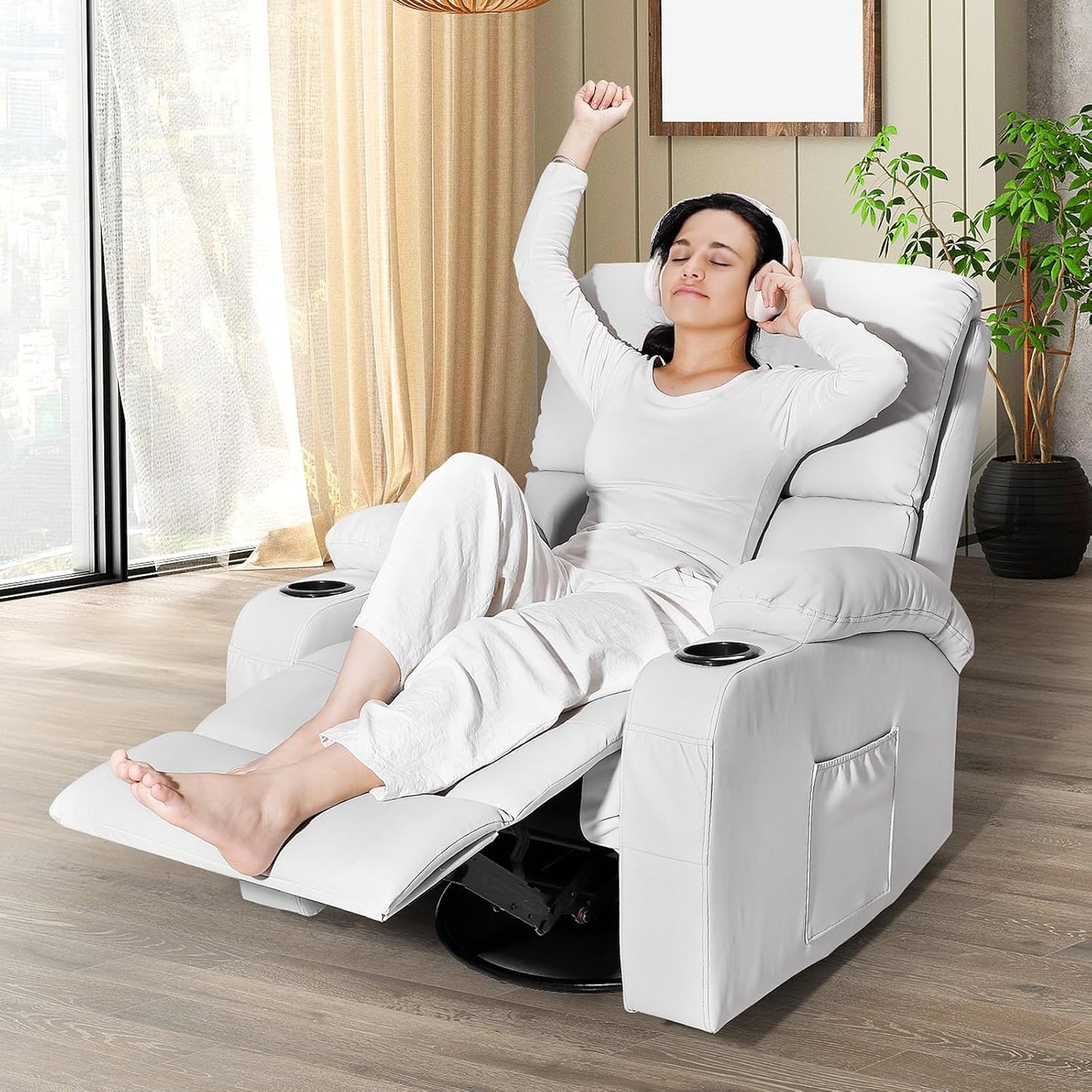 Rocking Recliner Chair, Massage Rocker Recliner Chair with Vibration Massage and Heat, USB and Type-C Ports,360° Swivel Faux Leather Chairs, Living Room, Bedroom, Nursery, RV, Light Grey