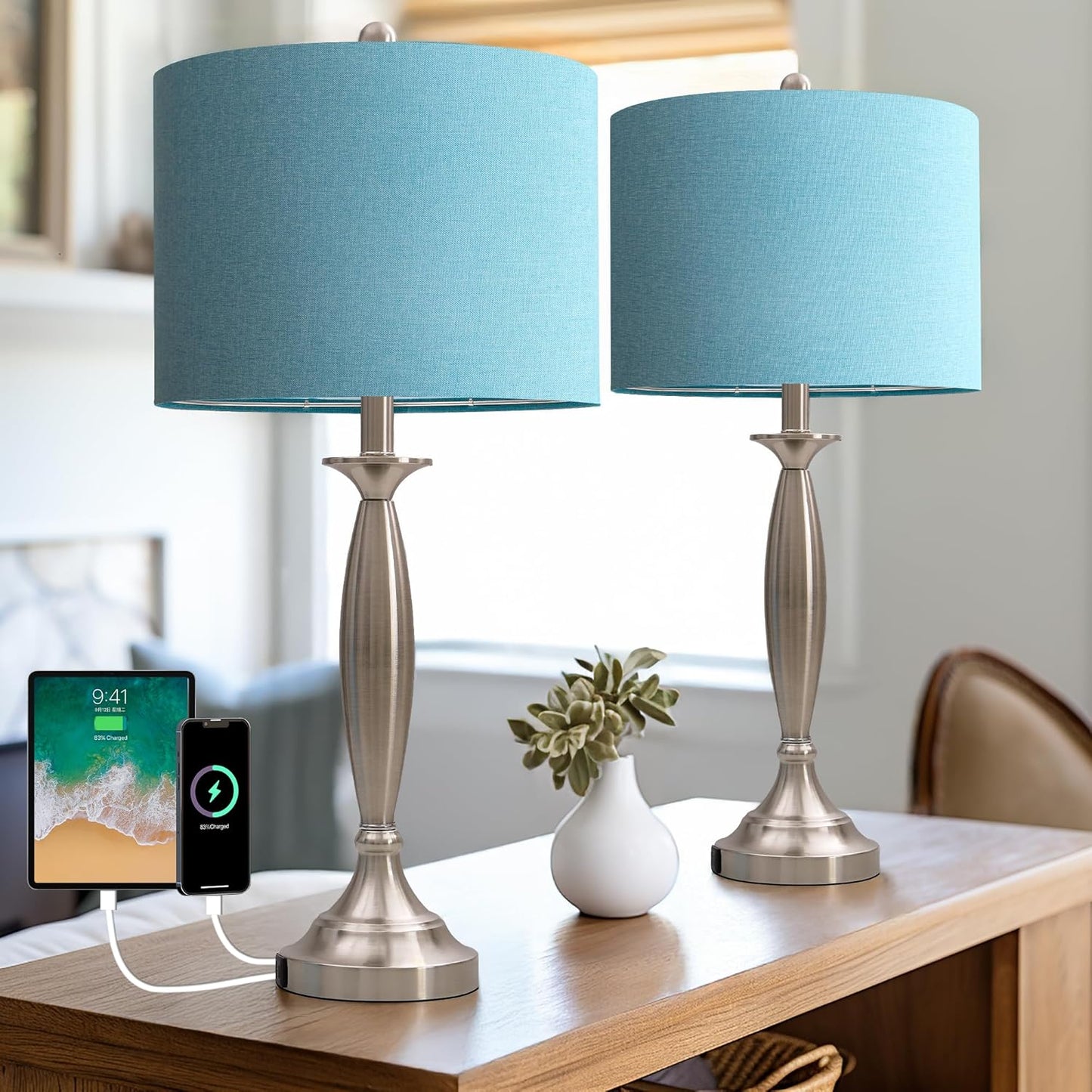 Oneach 27" Modern Table Lamps Set of 2 for Living Room Bedroom with USB A+C Charging Port,Brushed Steel Bedside Lamps for Night Stands,Fabric Drum Shade Nightstand Lamp Light for End Tables Home
