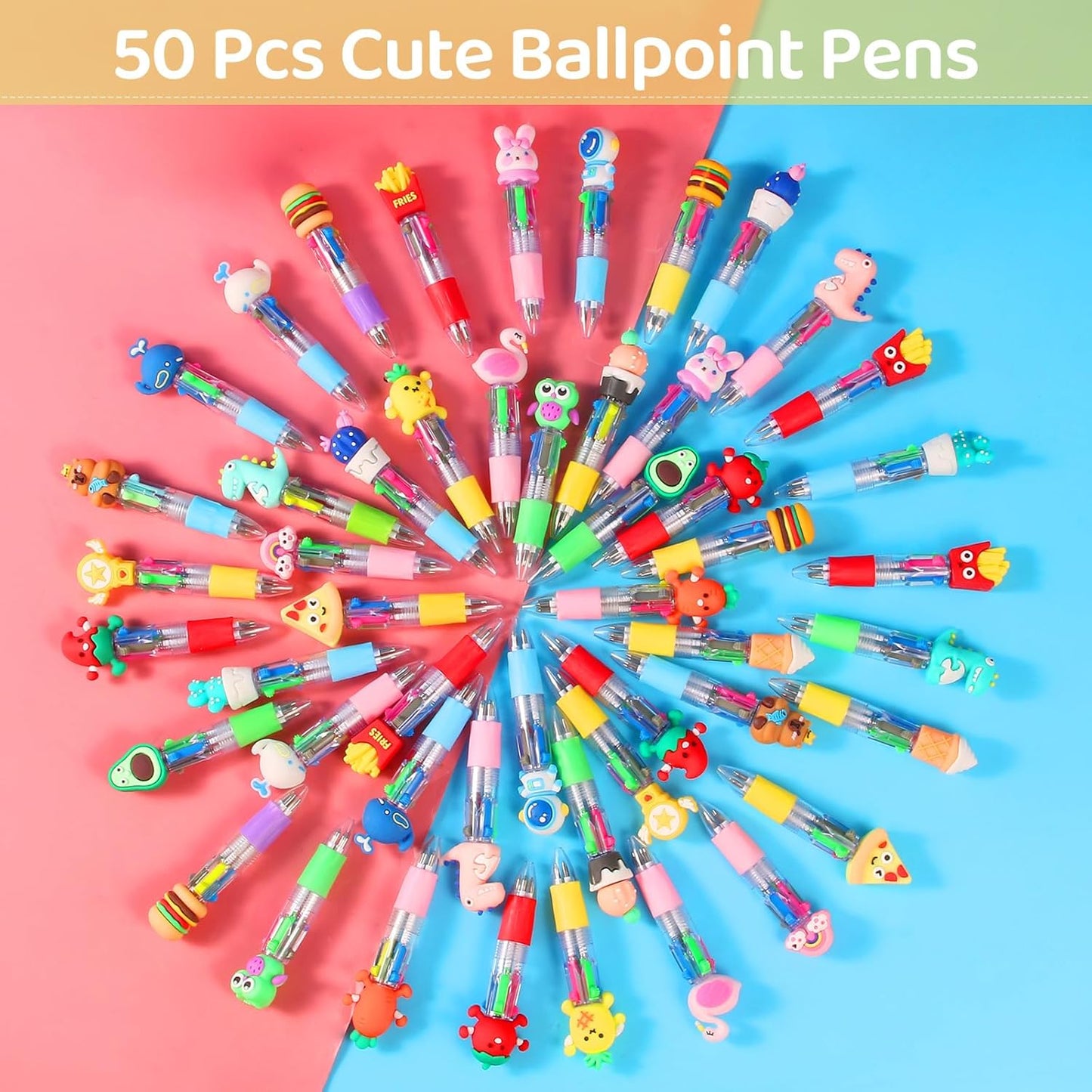 LiYiQ 50 Pcs Multicolor Pen in One Fun 4-in-1 Cute Pens Bulk Kawaii Cool Ballpoint Pens for Kids Fun Gifts (50)