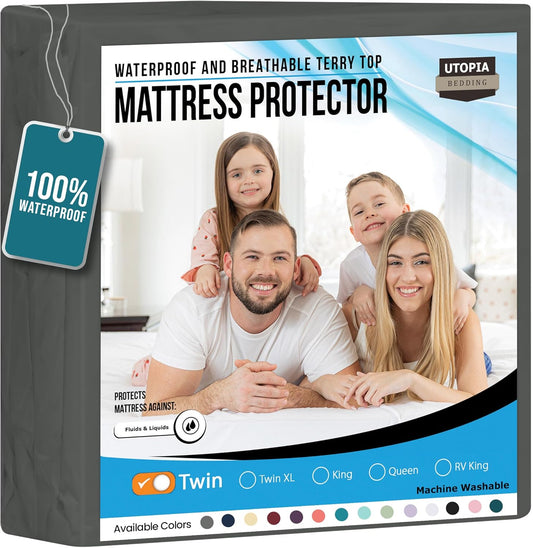 Utopia Bedding Waterproof Mattress Protector Twin Size, Premium Terry Mattress Cover 200 GSM, Breathable, Fitted Style with Stretchable Pockets (Gray)