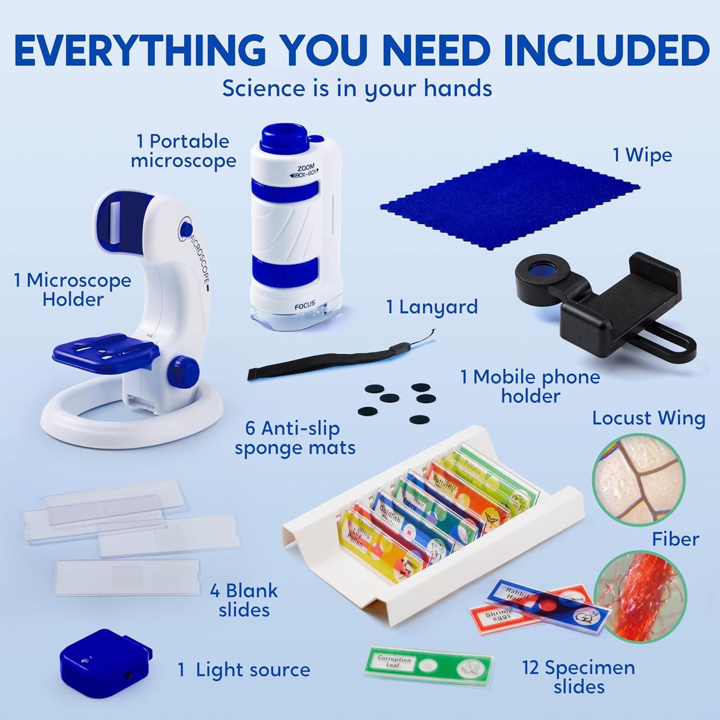 Klever Kits Microscope Explorer Set for Kids, 2 in 1 Science Experiment Toy with Portable Microscope and 12 Specimen Slides, 60X-180X, Educational Toys for Kids Aged 5+