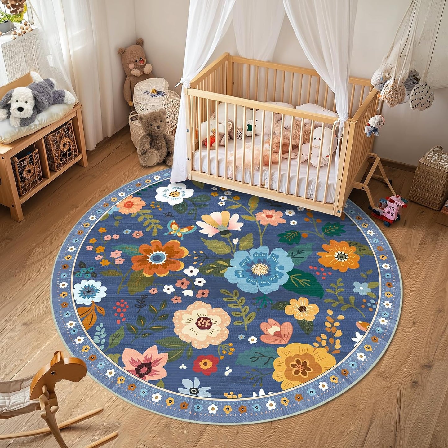 Floral 4ft Area Rug Machine Washable Soft Print Boho Carpet Non Slip Doormat Low Pile Flower Area Rugs for Living Room Bedroom Nursery Kitchen Dining Room Indoor-Blue/Grey