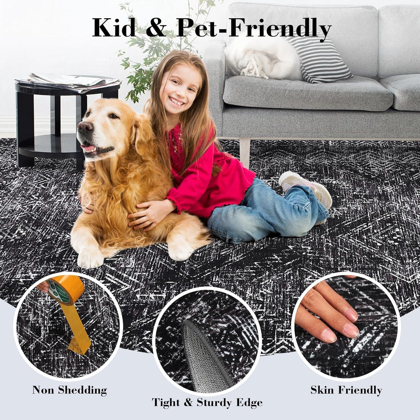 COZYLOOM Area Rug for Bedroom 5x7 Machine Washable Rugs for Living Room Modern Abstract Floor Cover Non Slip Low Pile Geometric Mats Stain Resistant Soft Carpet for Dining Room, Black