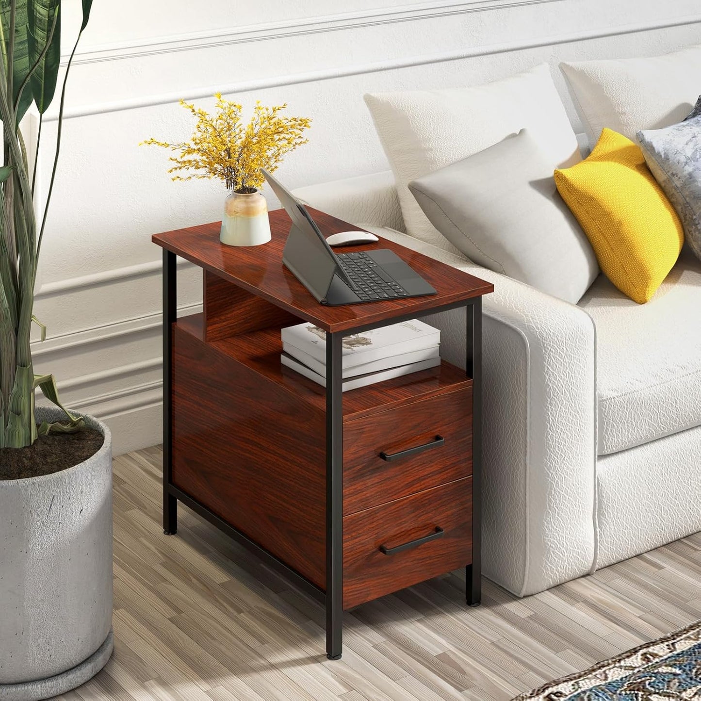 Narrow Side Tables with Charging Station, Narrow End Table with Wooden Drawers, USB Ports and Power Outlets, Nightstand and Bedside Table for Bedroom, End Tables Living Room, Espresso