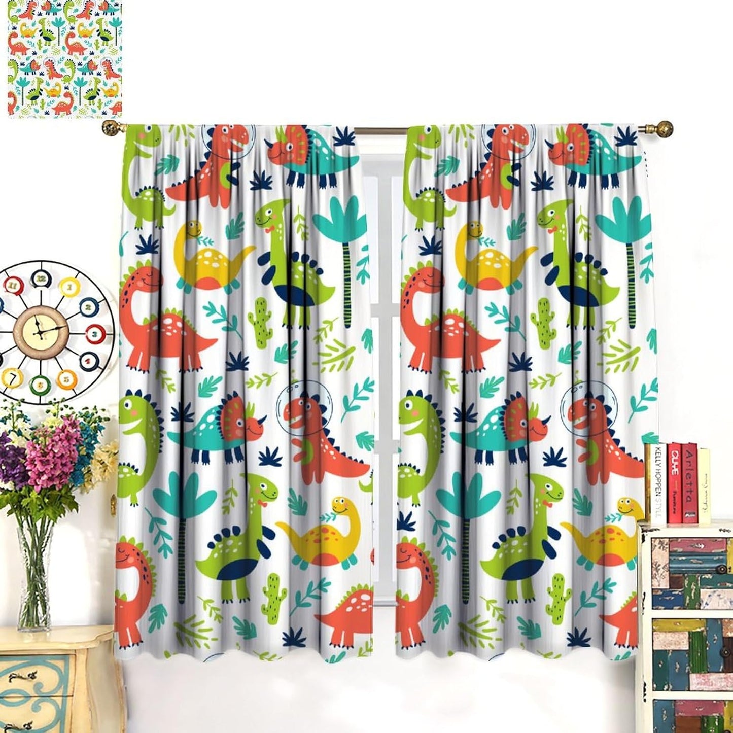 Rustic Dinosaurs Curtains Colorful Dino Kids Boys Cartoon Cute Cool Funny Decor Printed Blackout Rod Pocket Window Drapes for Living Room Bedroom W31.5xL72in 2 Panels