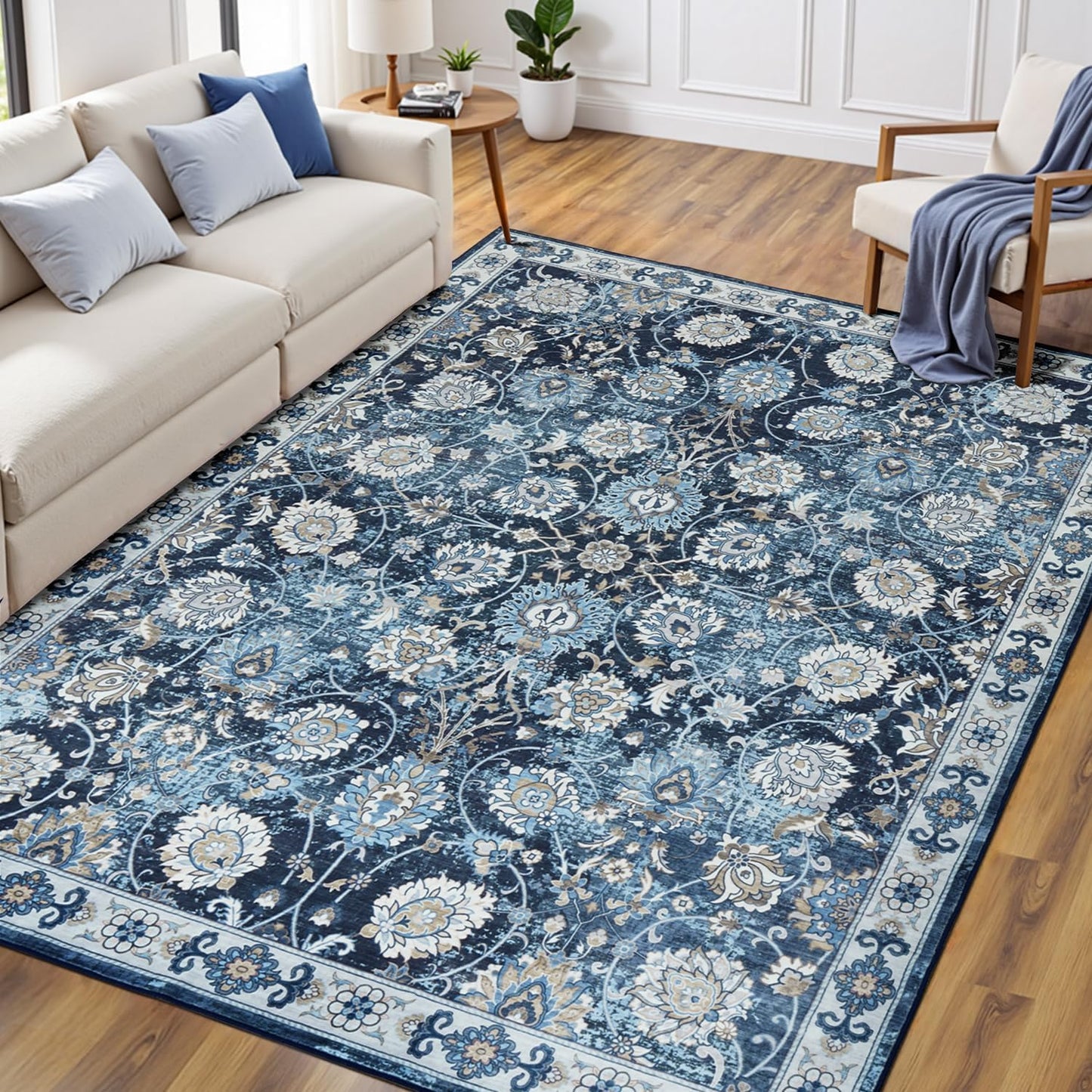 Floral Washable Area Rugs 5x7, Vintage Rug for Living Room, Large Bedroom Carpet, Non Slip Low Pile Ultra Soft Carpets for Indoor Dining Home Nursery Playroom Under Table, Blue Garden
