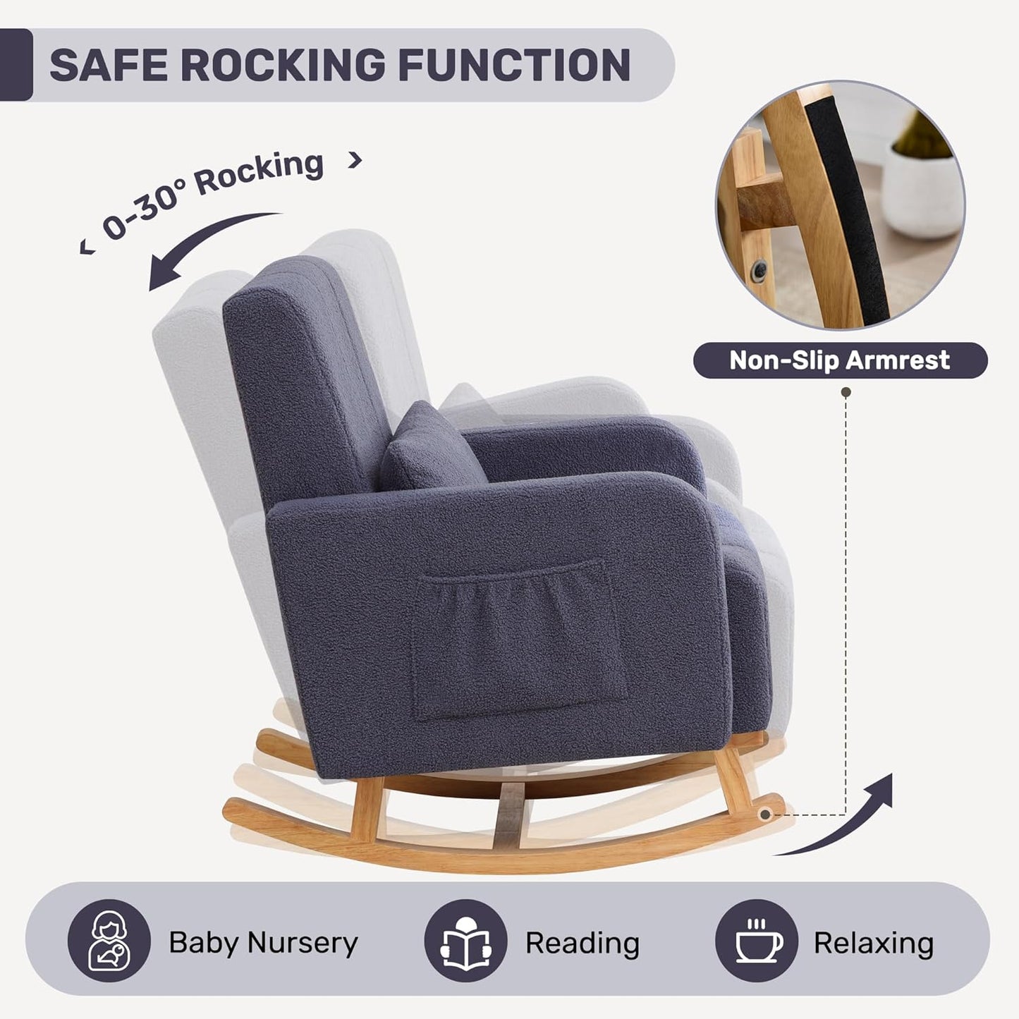 Rocking Chair with Ottoman, Upholstered Glider Rocker with High Backrest and Side Pocket, Comfy Reading Chair with Solid Wood Legs for Nursery, Living Room,Bedroom Dark Grey