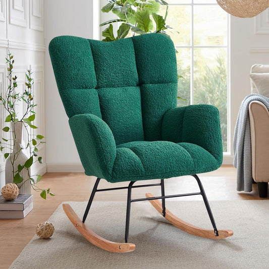 Kiztir Rocking Chair Nursery, High Backrest Teddy Glider Rocker Upholstered Rocker Recliner Modern Rocking Accent Chairs for Bedroom, Living Room, Offices (Green)