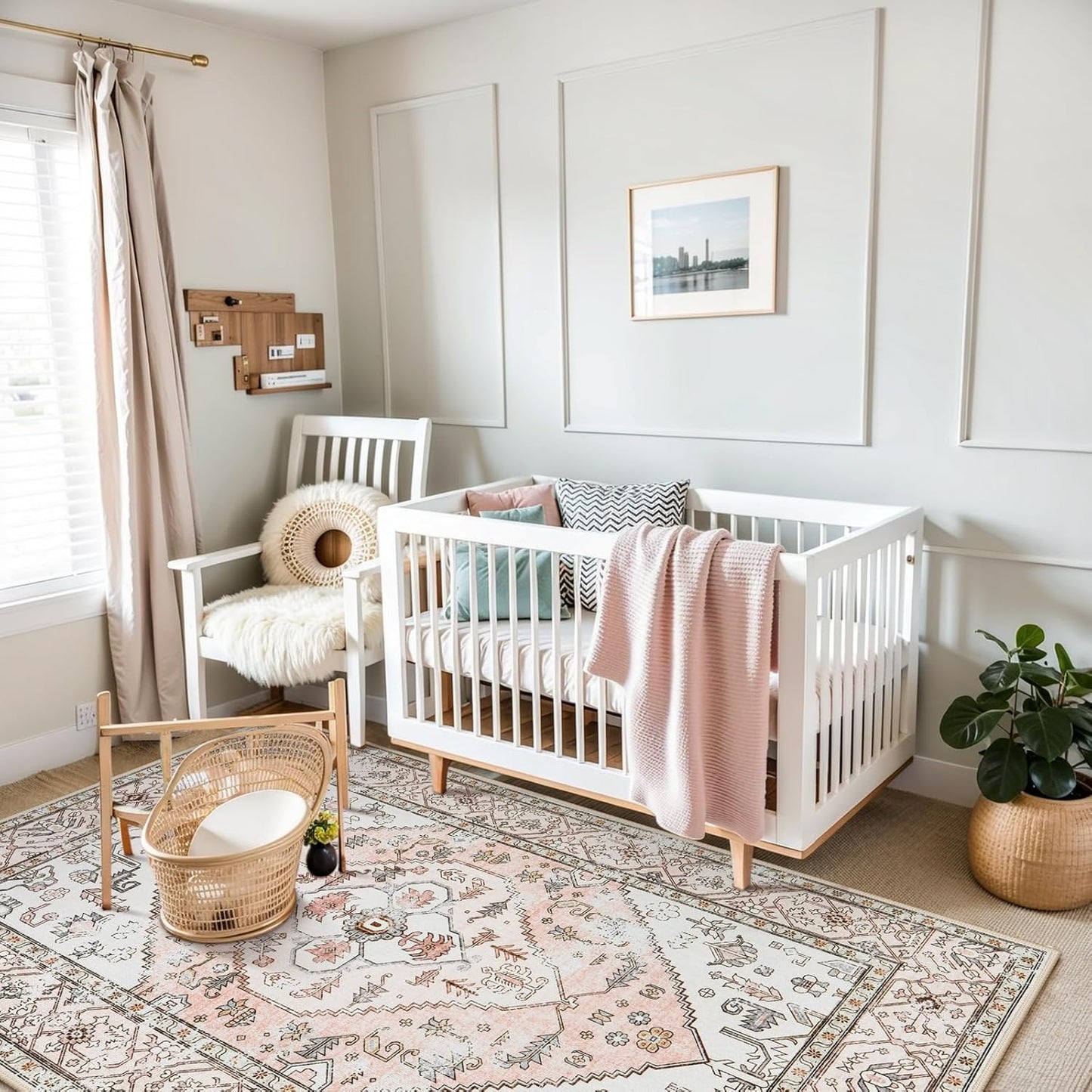 Lahome Boho Washable Living Room Area Rug - 3x5 Small Pink Rugs for Bedroom Non-Slip Throw Nursery Kids Room Rug, Vintagel Print Carpet Rug for Kitchen Office Bathroom Laundry Room (Pink, 3'x5')