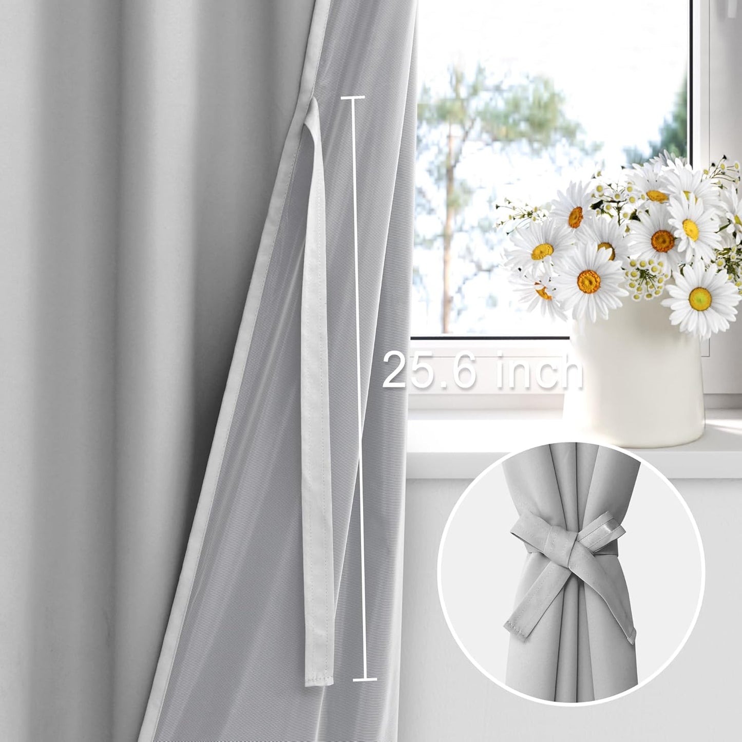 XWZO Full Shading Blackout Curtains with Tiebacks- Heat and Light Blocking Rod Pocket Window Drapes with Black Liner Backing for Bedroom/Kid's Room, Light Grey, W42 x L63, Set of 2 Panels