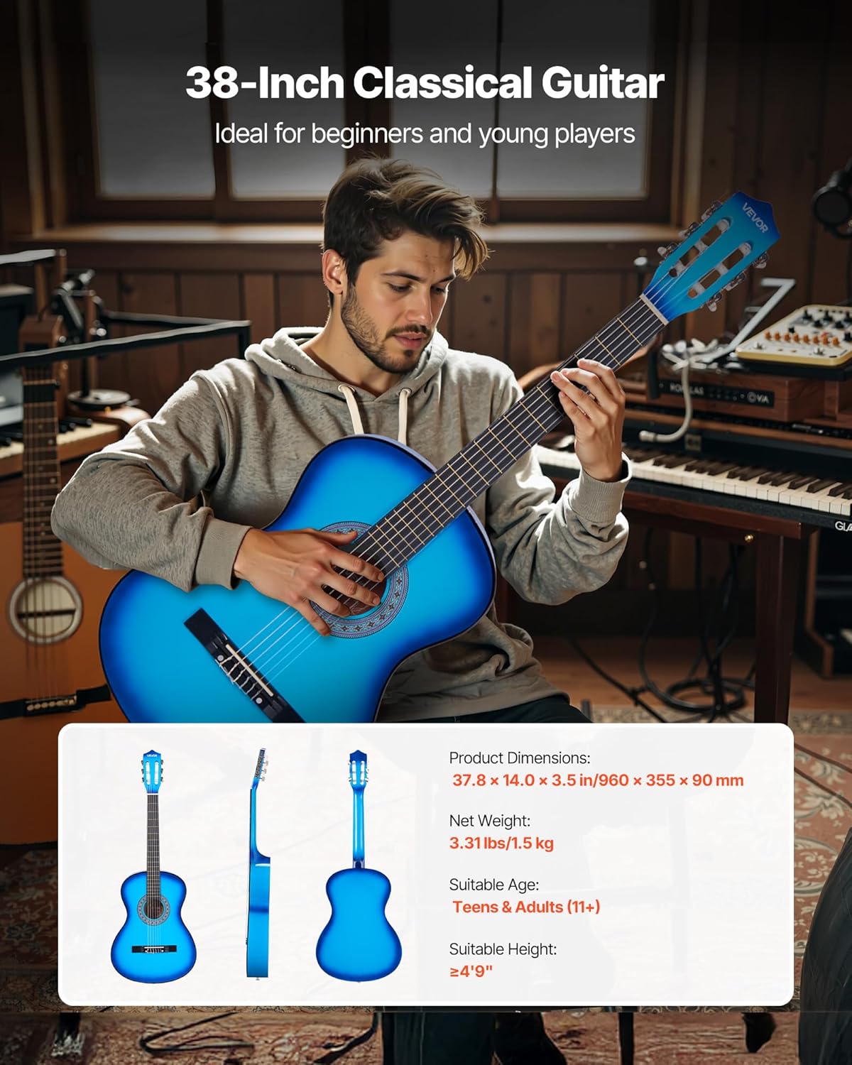 VEVOR Acoustic Guitar, Classical Guitar Starter Kit for Beginners, with Nylon Strings, Basswood Guitar, for Kids Adults Girls Boys Students